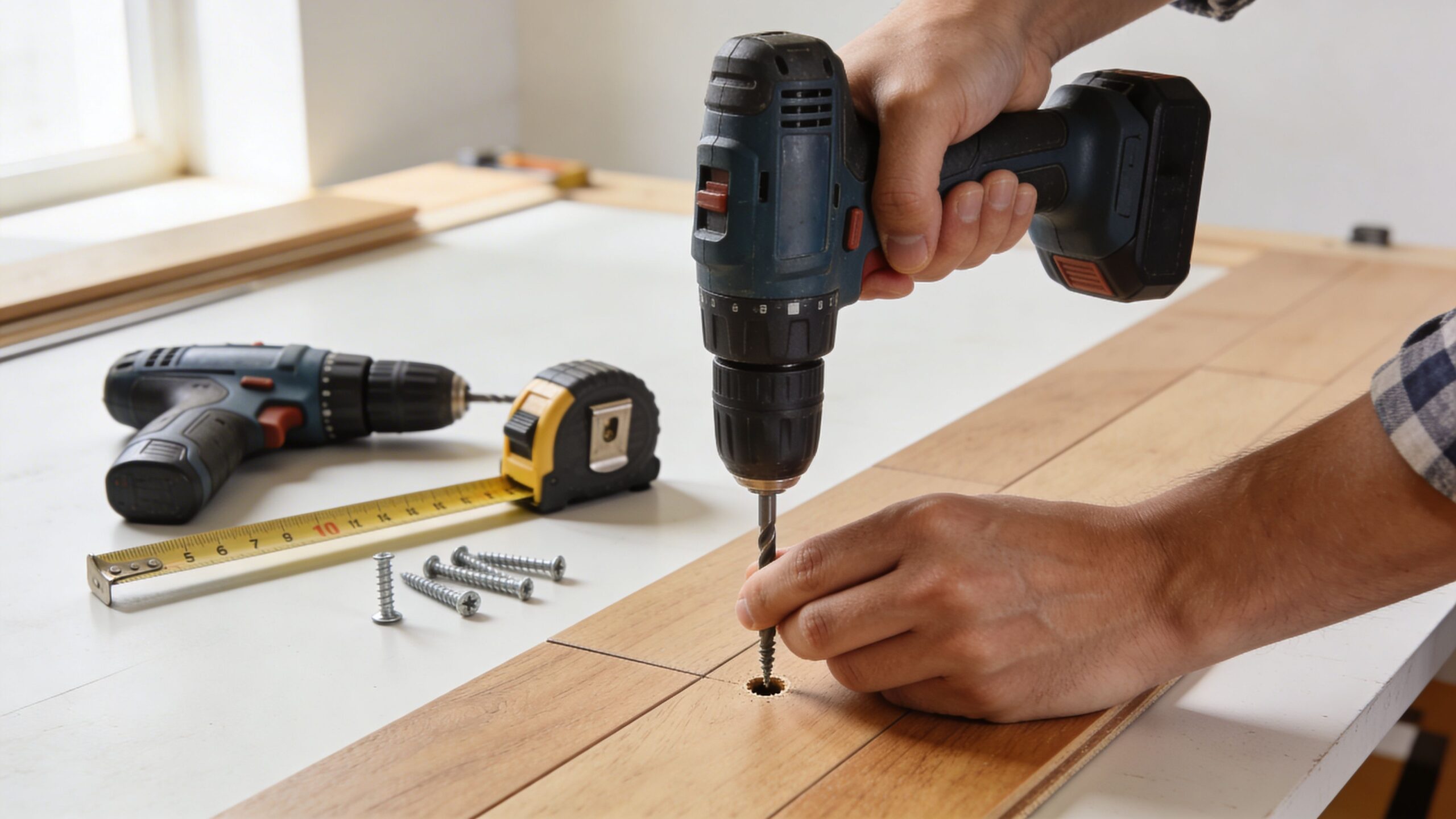 En person bruger en boremaskine til at skrue i et trægulv under reparation af et knirkende gulv.