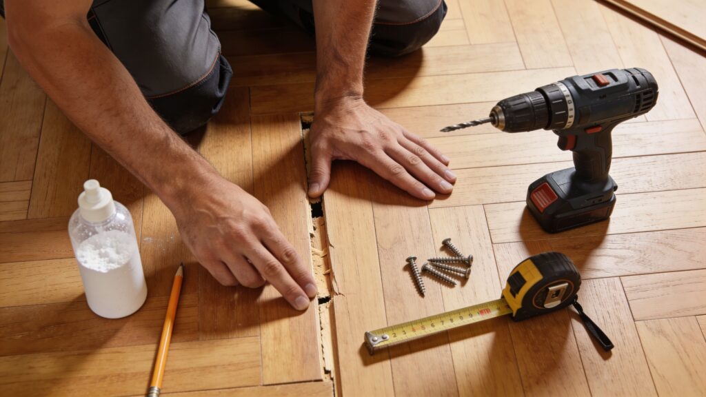 Mand installerer laminatgulv med boremaskine og målebånd.