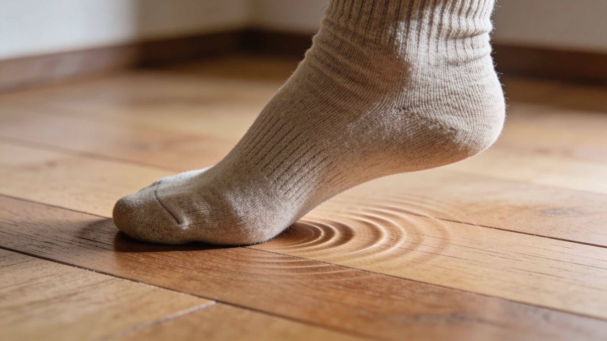 En person med en beige sok, der træder på et trægulv, hvor gulvbrædderne bøjer sig lidt under vægten.