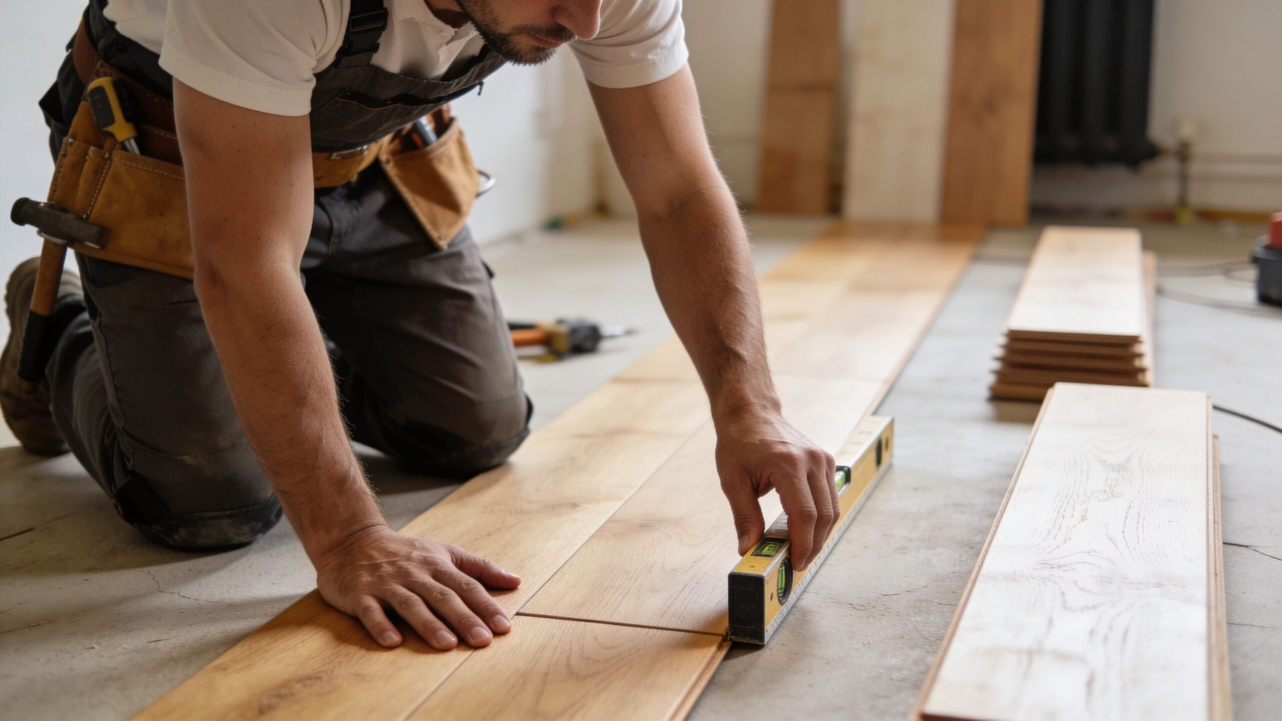 En håndværker lægger nyt trægulv og bruger et vaterpas for at sikre, at gulvet er helt plant.