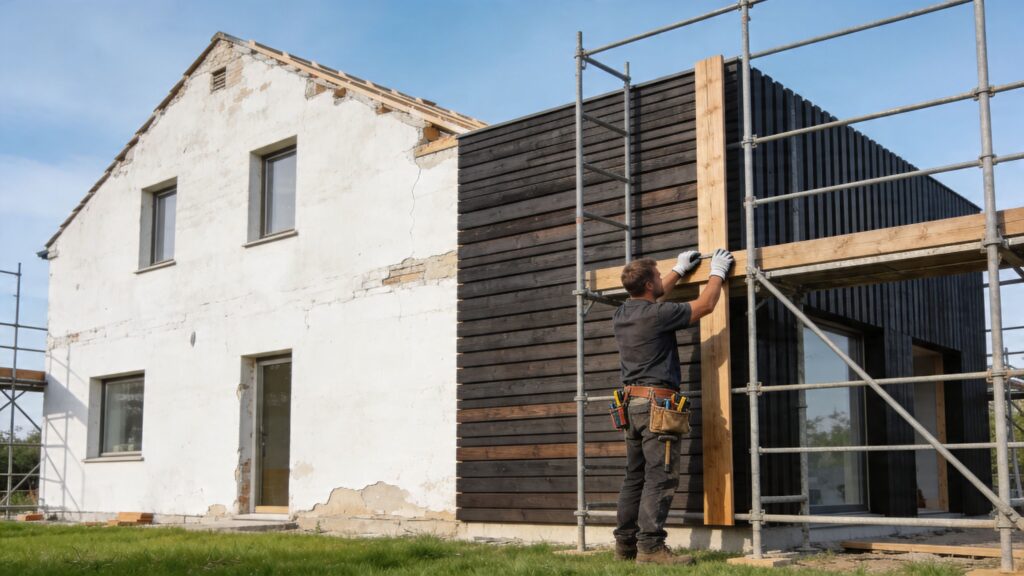 Renovering af hus med træbeklædning og scaffolding.