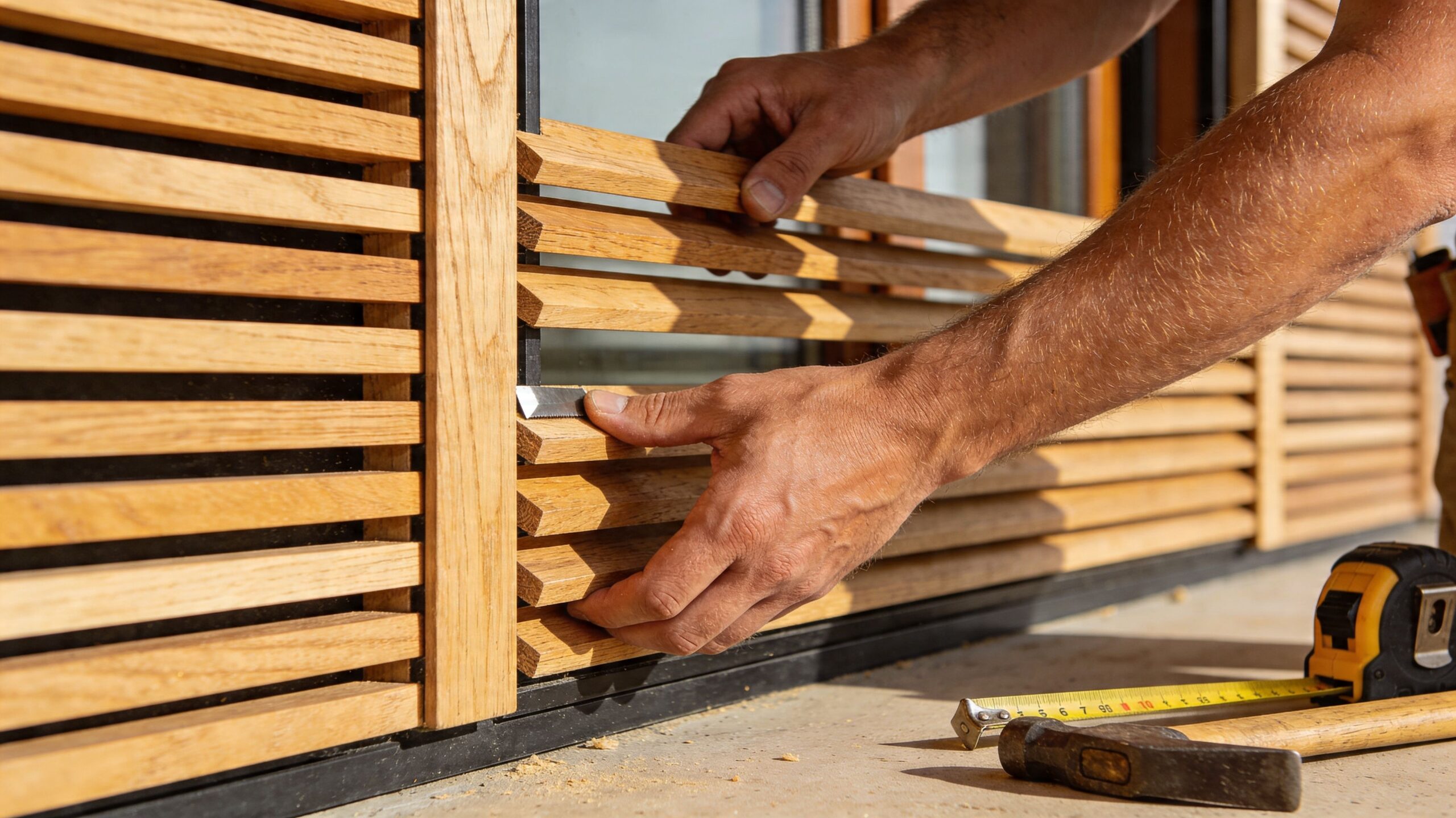 Træbeklædning monteres på facaden for et moderne udseende.