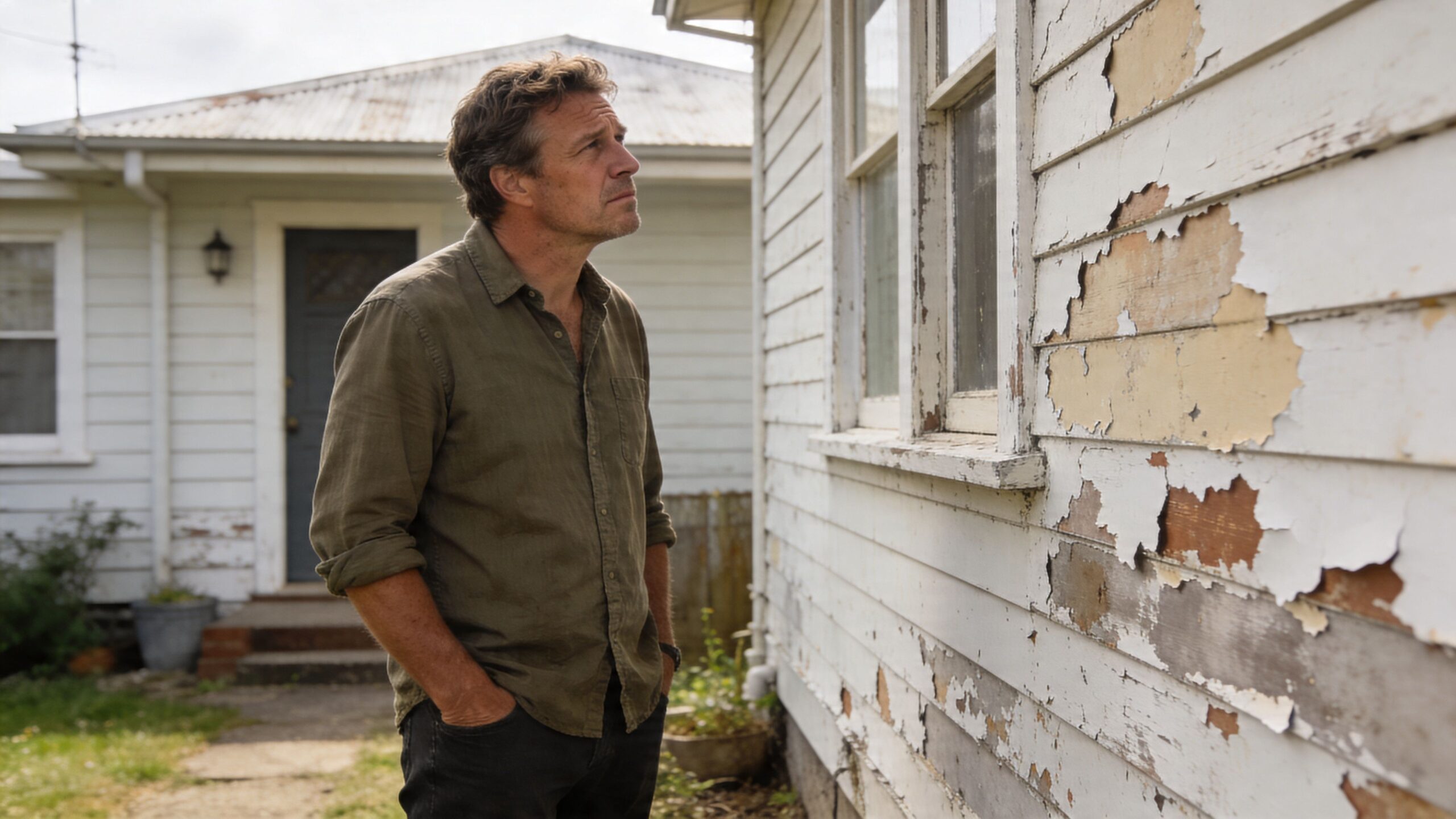 En midaldrende mand i en olivenfarvet skjorte betragter en husfacade med afskallende maling, der trænger til vedligeholdelse.