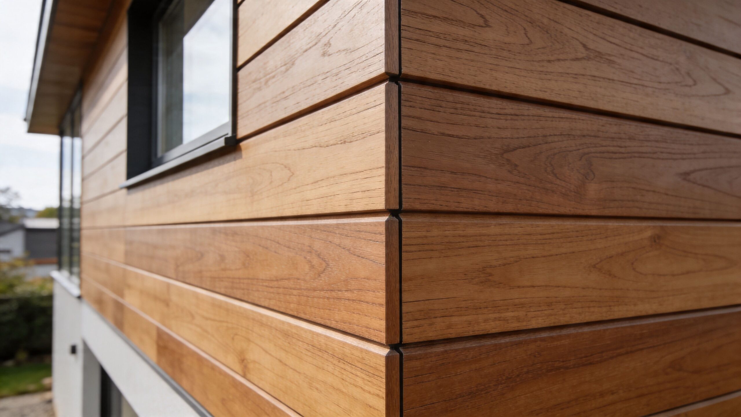 Moderne husfacade beklædt med smukke, horisontale træpaneler i en varm og naturlig trænuance ved et hjørne.