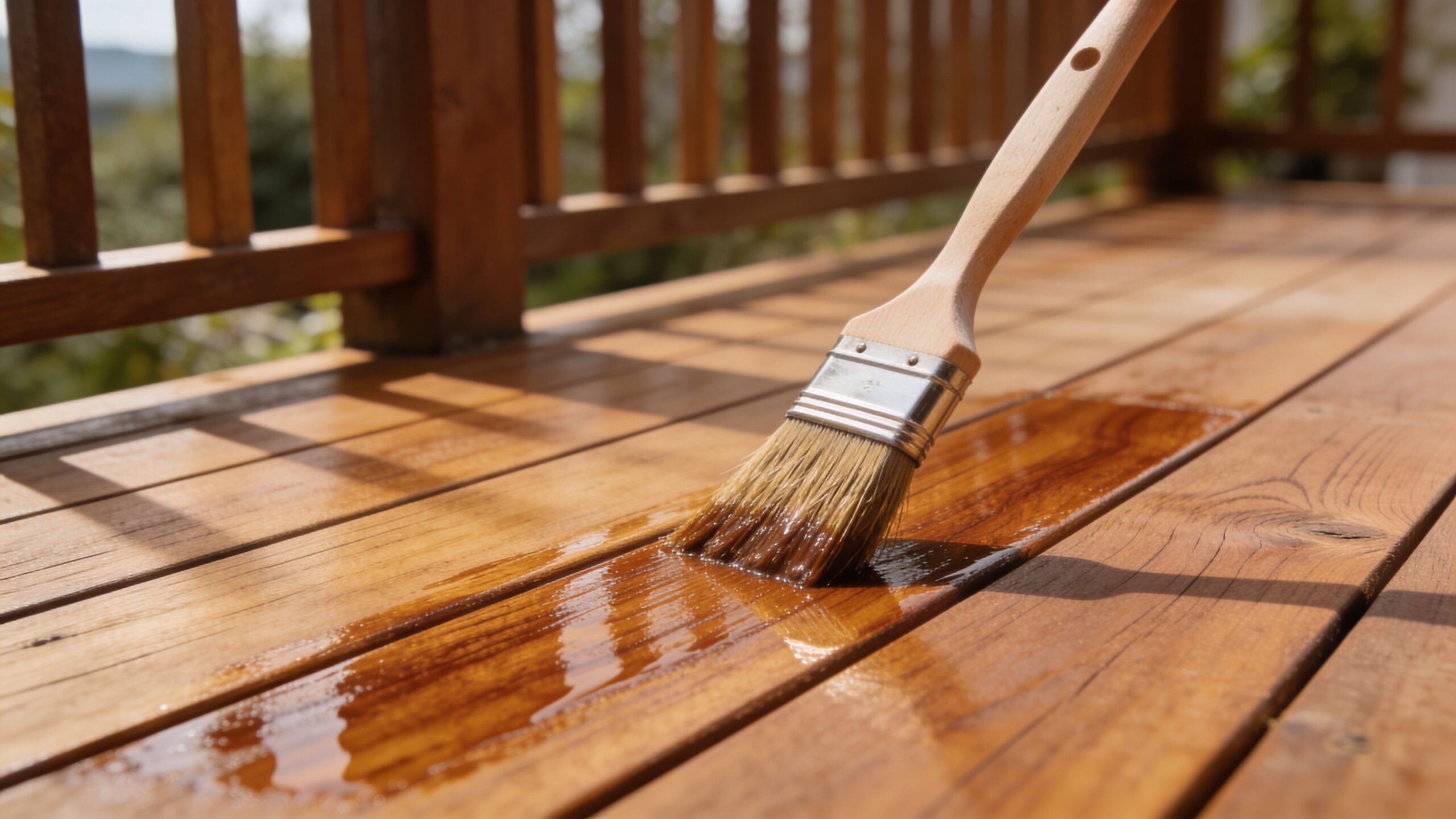 En pensel påfører bejdse på en træterrasse for at opnå smukke og beskyttende superwood farver i haven.