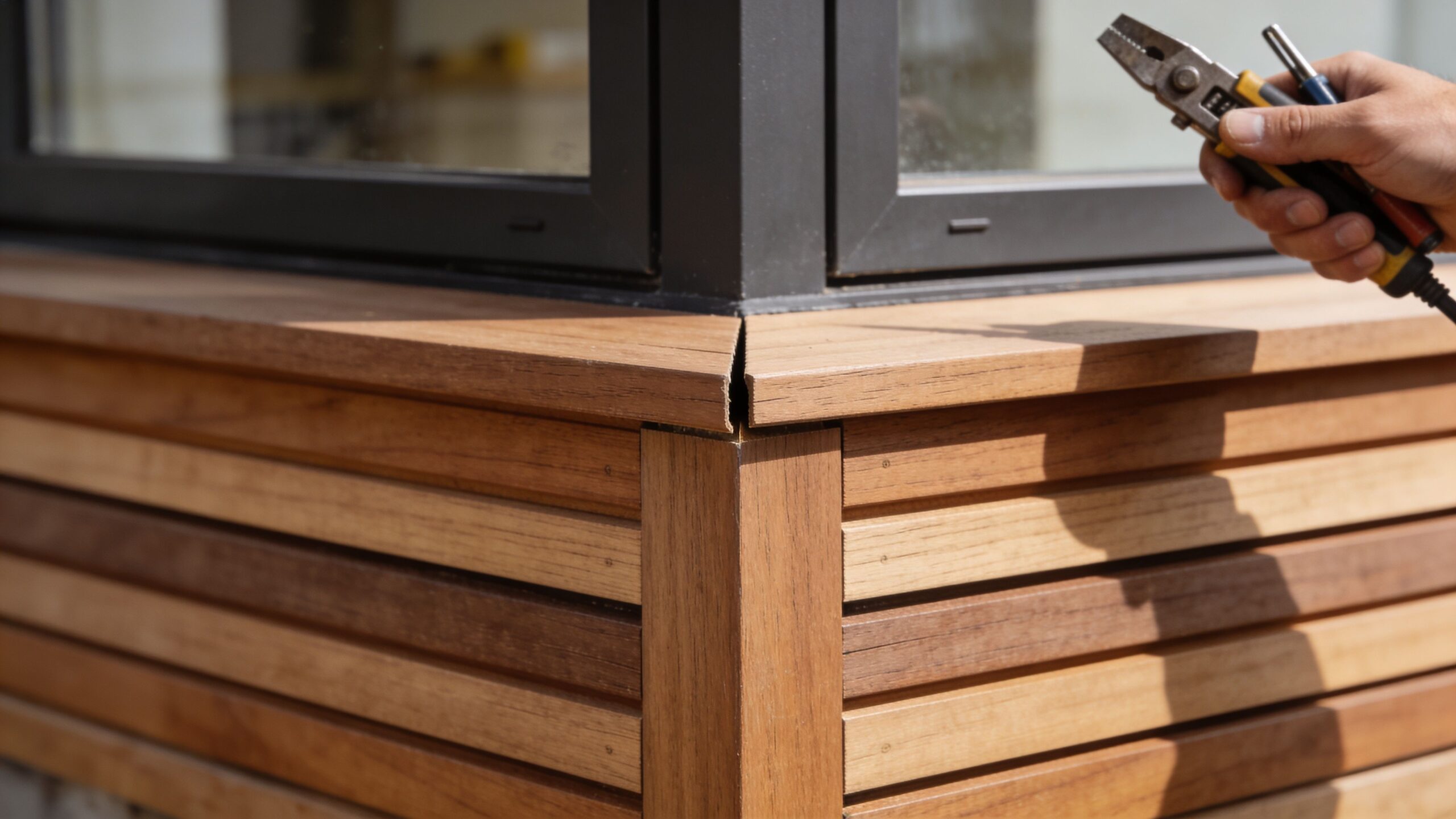 Nærbillede af træbeklædning på et hus hvor en håndværker justerer hjørnet med en tang i hånden.
