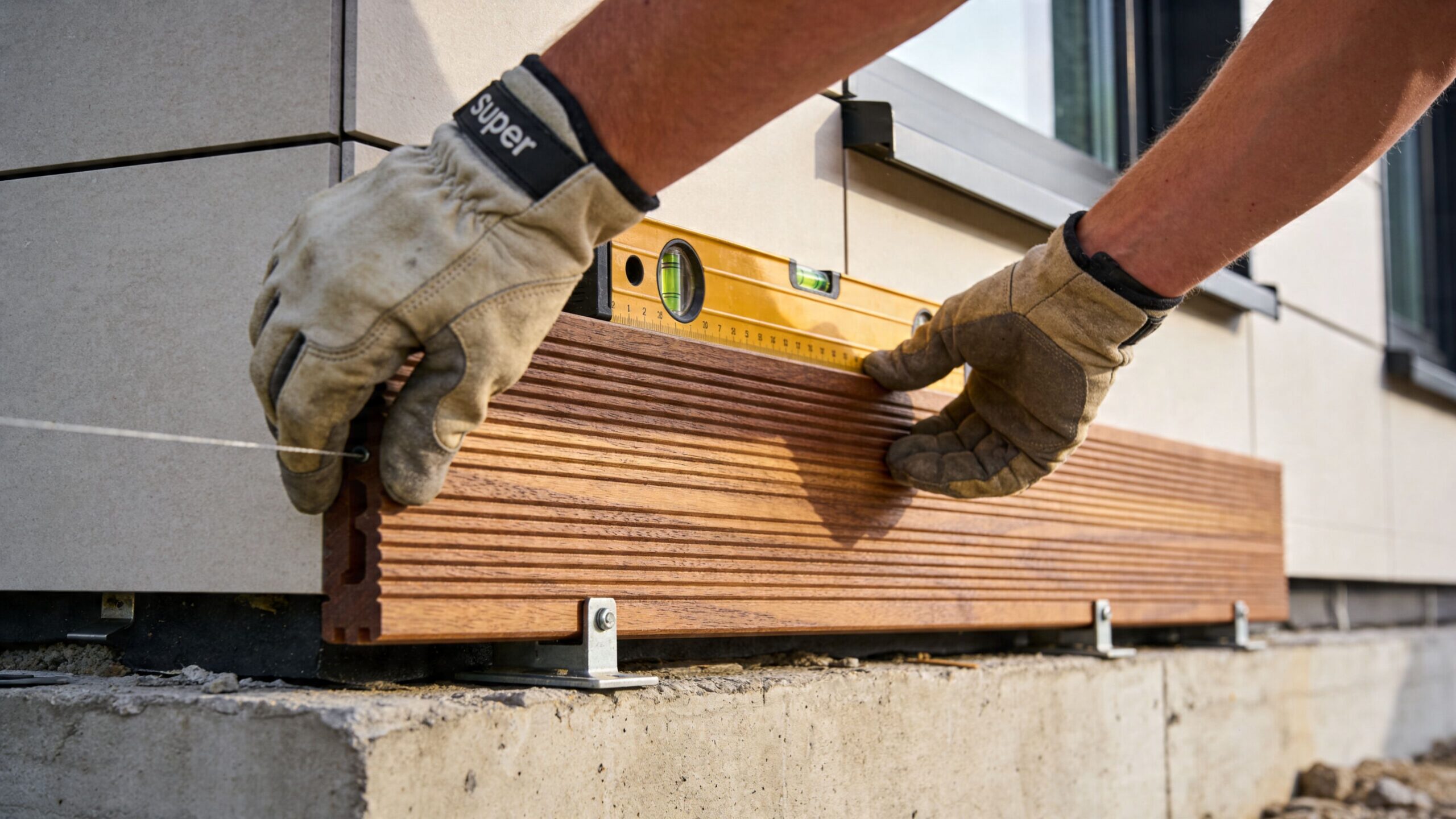 Håndværker monterer træbeklædning på en facade ved hjælp af et vaterpas for præcis nivellering under byggeriet.