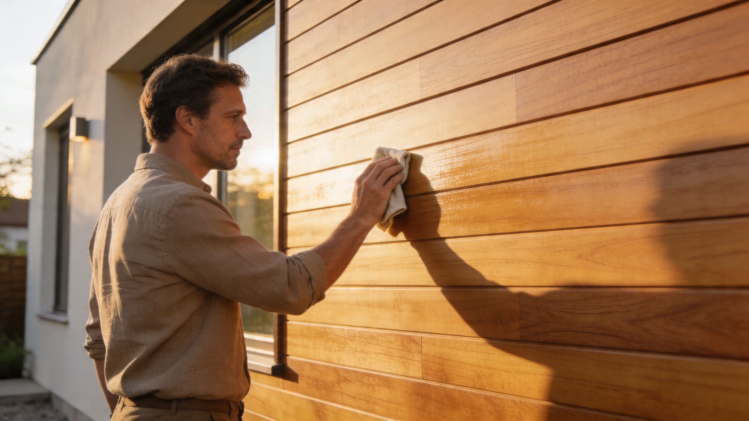 En mand polerer forsigtigt sin smukke træfacade af høj kvalitet i det varme skær fra aftensolen.