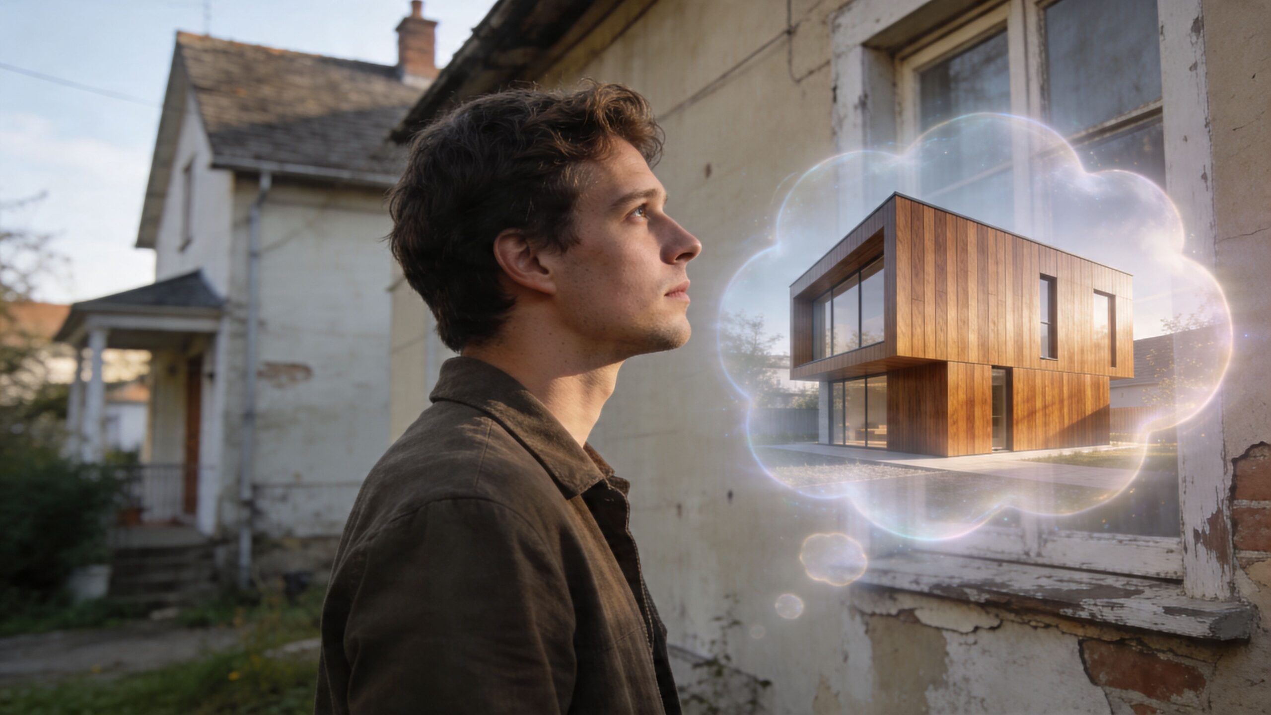 En ung mand drømmer om et moderne træhus foran en gammel bygning med Superwood facadebeklædning monteret.