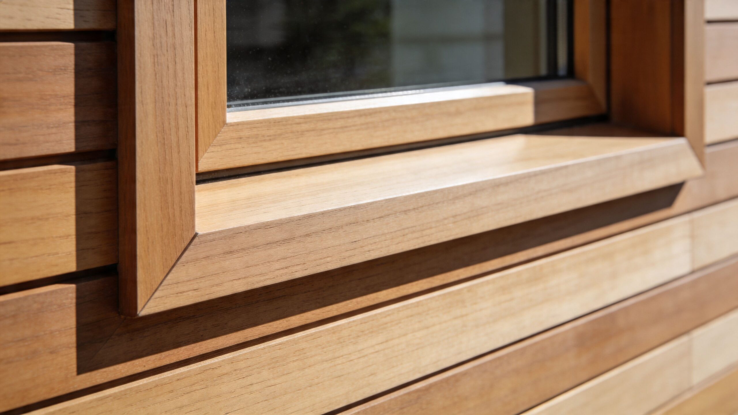 En detaljeret visning af vinduesramme og Superwood træfacade monteret med præcis finish og holdbare detaljer.