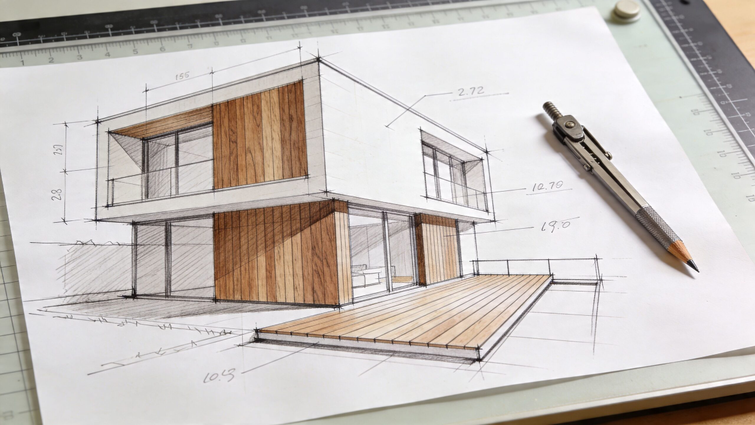 En arkitektonisk skitse af en moderne villa i to etager med træfacade på et tegnebord.