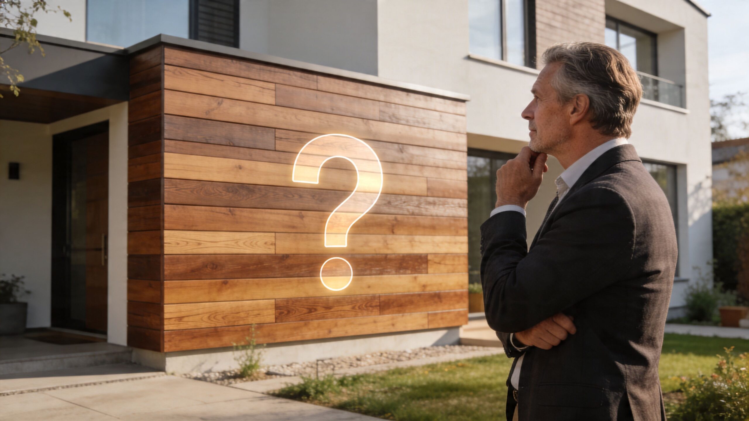 En ældre forretningsmand tænker foran et moderne hus med træfacade og et svævende spørgsmålstegn foran.