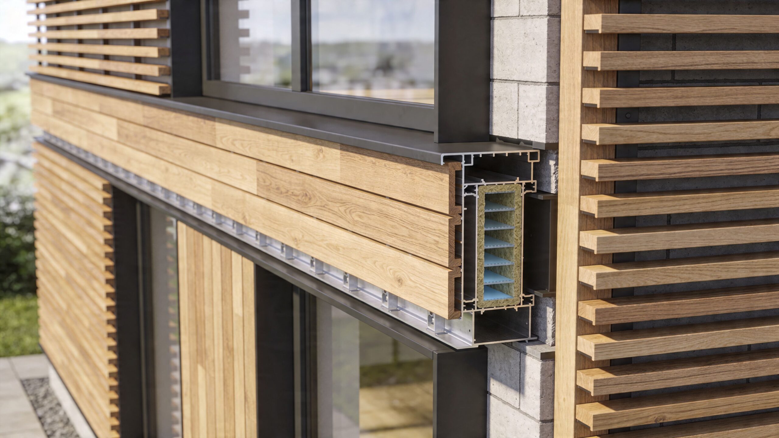 Tværsnit af en moderne bygningsfacade med træbeklædning, isolering og vindueskonstruktion til energieffektivt byggeri.