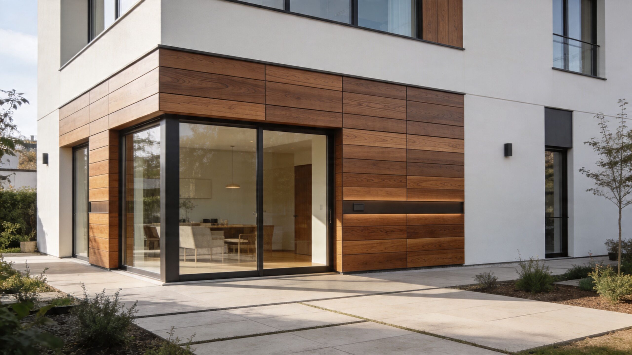 Moderne husfacade med træpaneler, store glaspartier og en stilfuld terrasse belagt med lyse stenfliser i haven.
