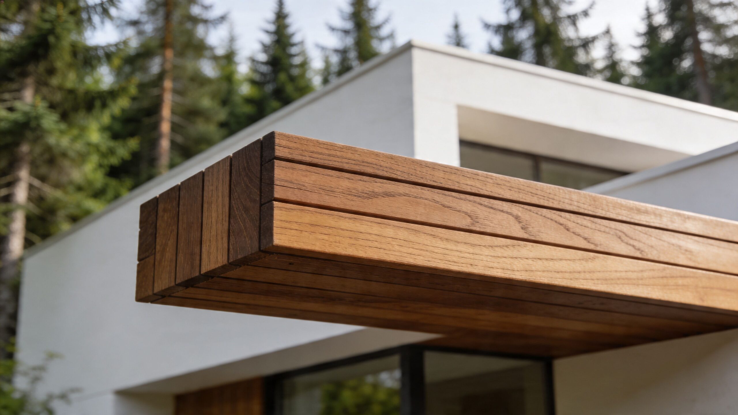 Nærbillede af en moderne bygningsarkitektur med en detaljeret trækonstruktion lavet af Superwood SW01 AART beklædning.