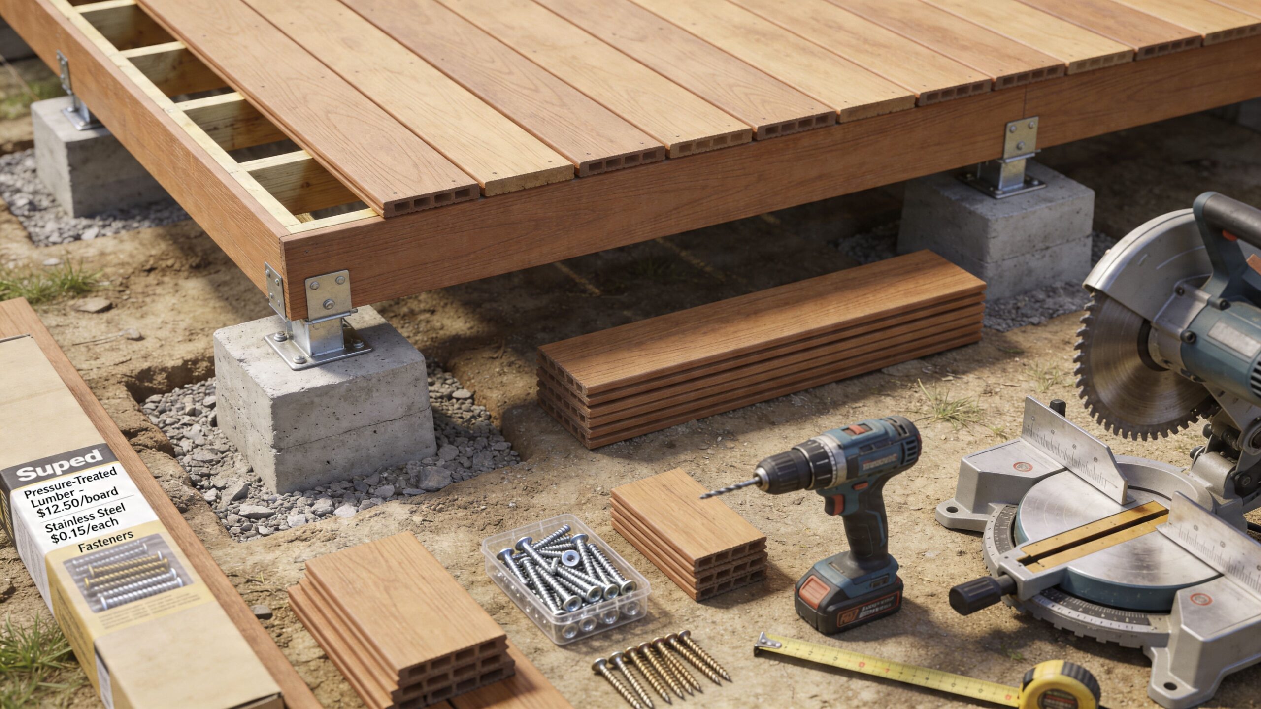 Halvfærdig træterrasse under opførelse med byggematerialer, værktøj og skruer placeret på jorden ved siden af fundamentet.