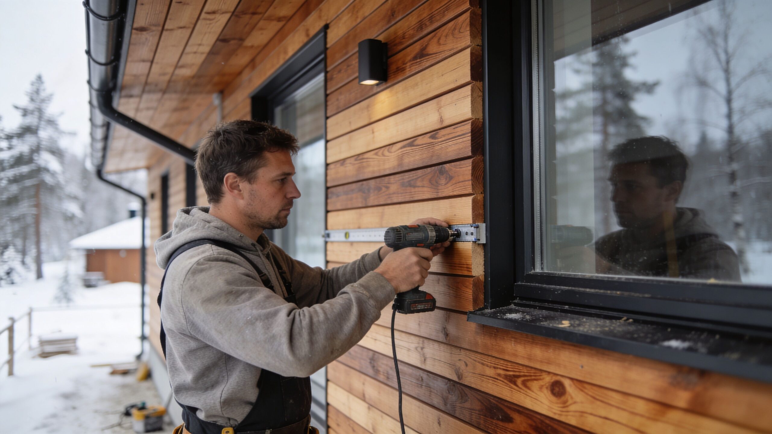 En professionel håndværker er i gang med at montere thermowood beklædning på en moderne husfacade om vinteren.