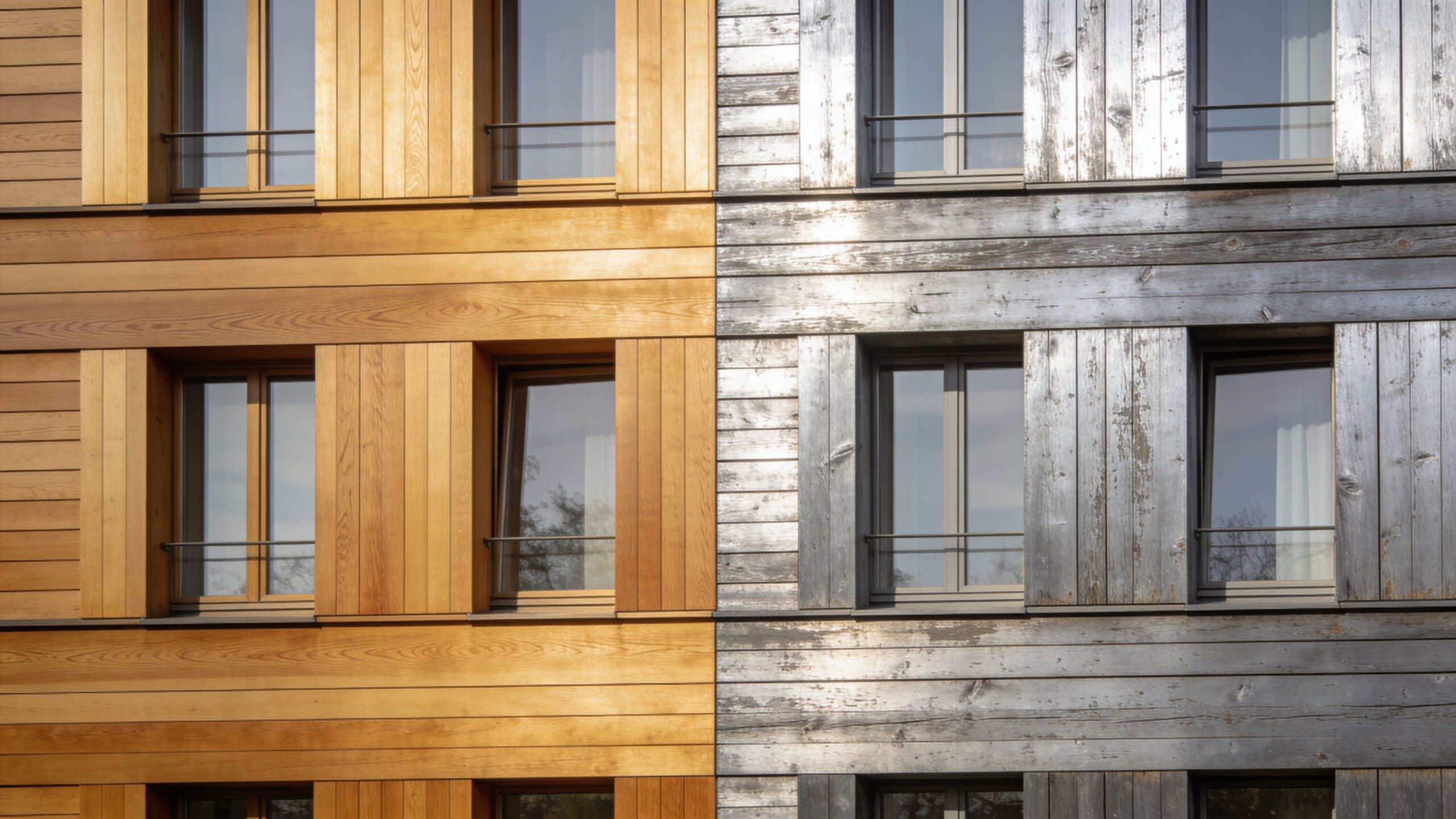 Sammenligning af facadebeklædning med naturligt træ og grånet patineret træ på en moderne bygningsfacade.