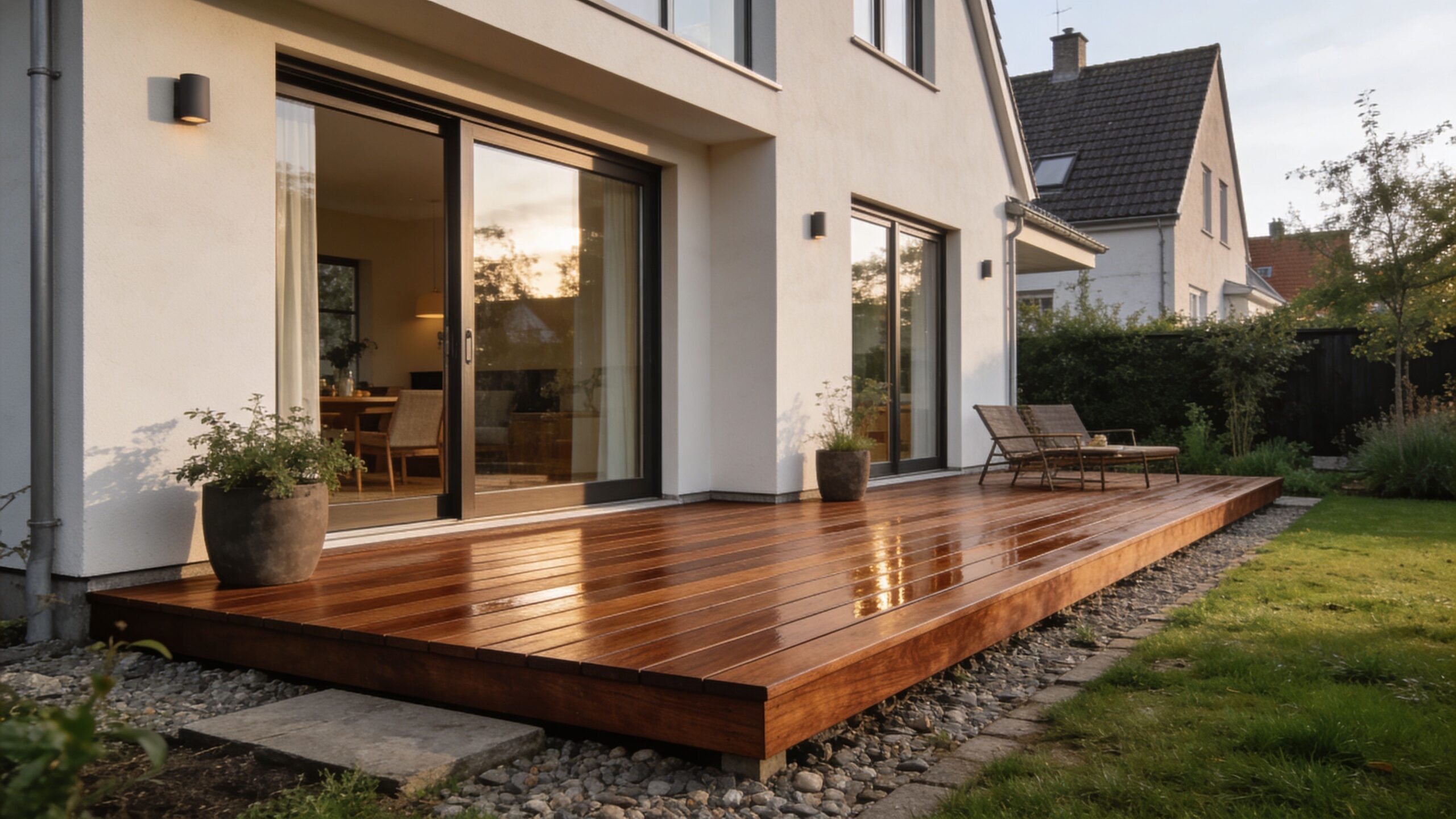 En smuk og moderne træterrasse lavet af Thermowood foran et hvidt hus med store glasdøre og havemøbler.
