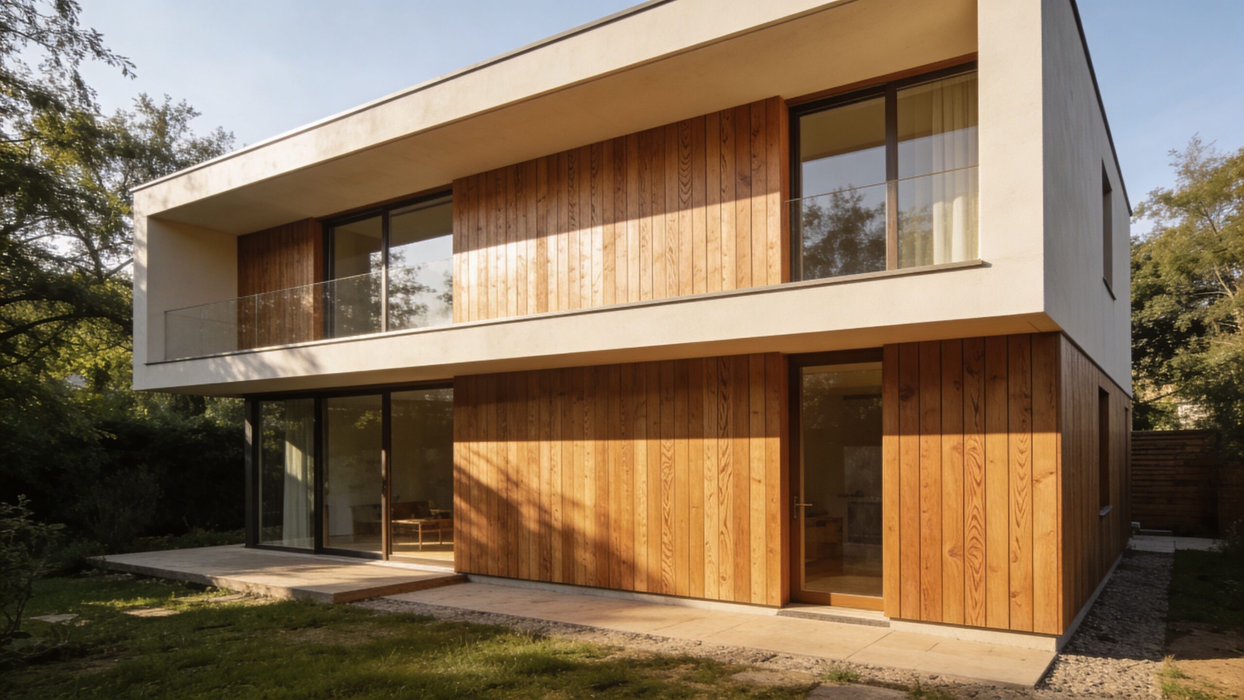 Moderne villa med smuk, varm thermowood facadebeklædning og store vinduespartier i en solrig have omgivet af træer.