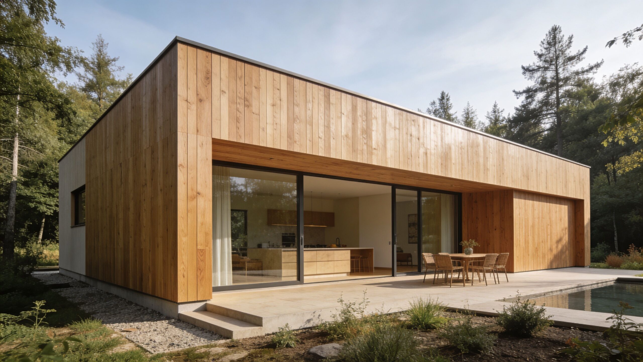 Moderne arkitekttegnet sommerhus med flot thermowood facadebeklædning, store glaspartier og en solrig terrasse med pool.