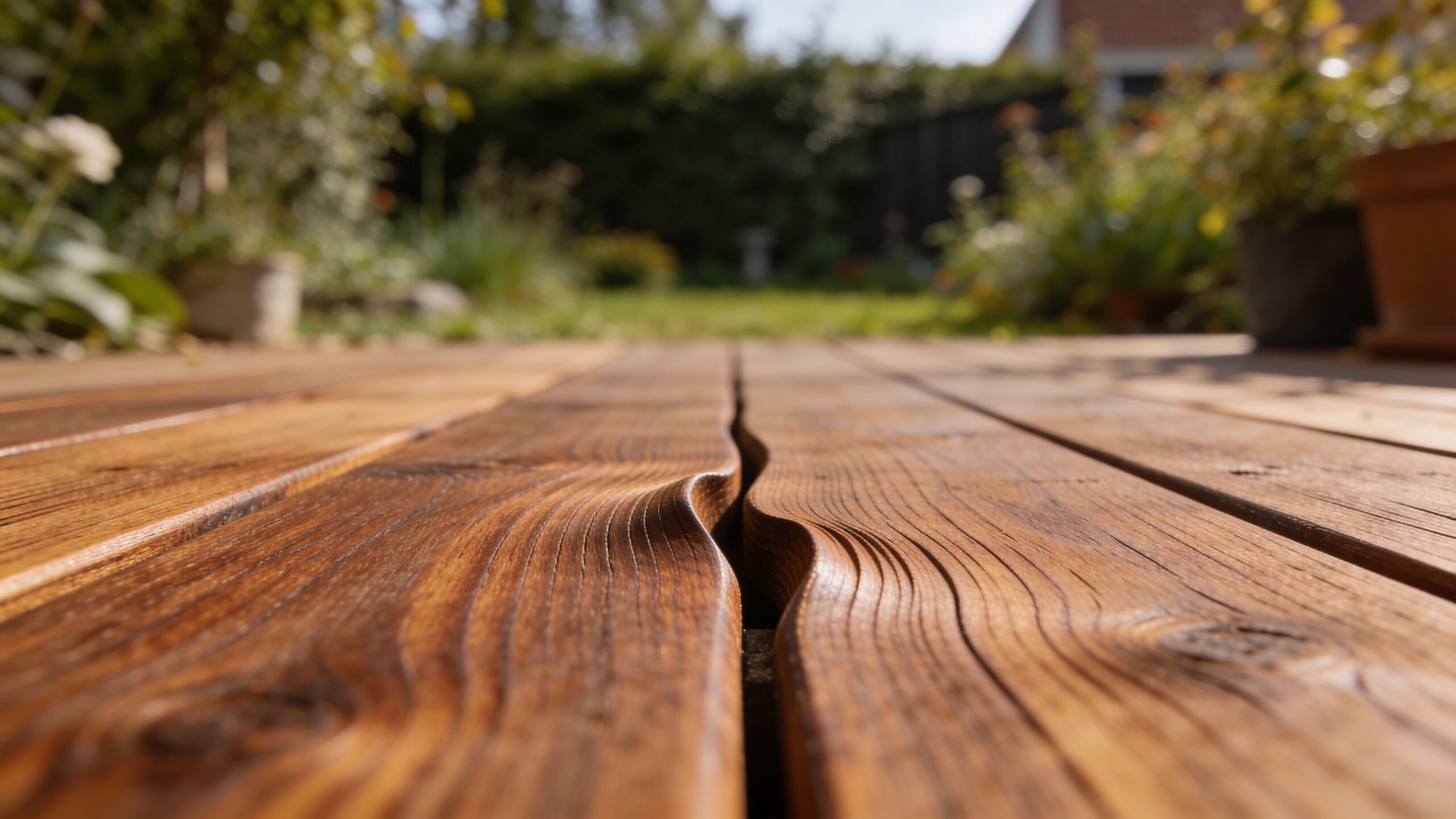 Nærbillede af en smuk thermowood terrasse med tydelige træårer og naturlig tekstur i haven.