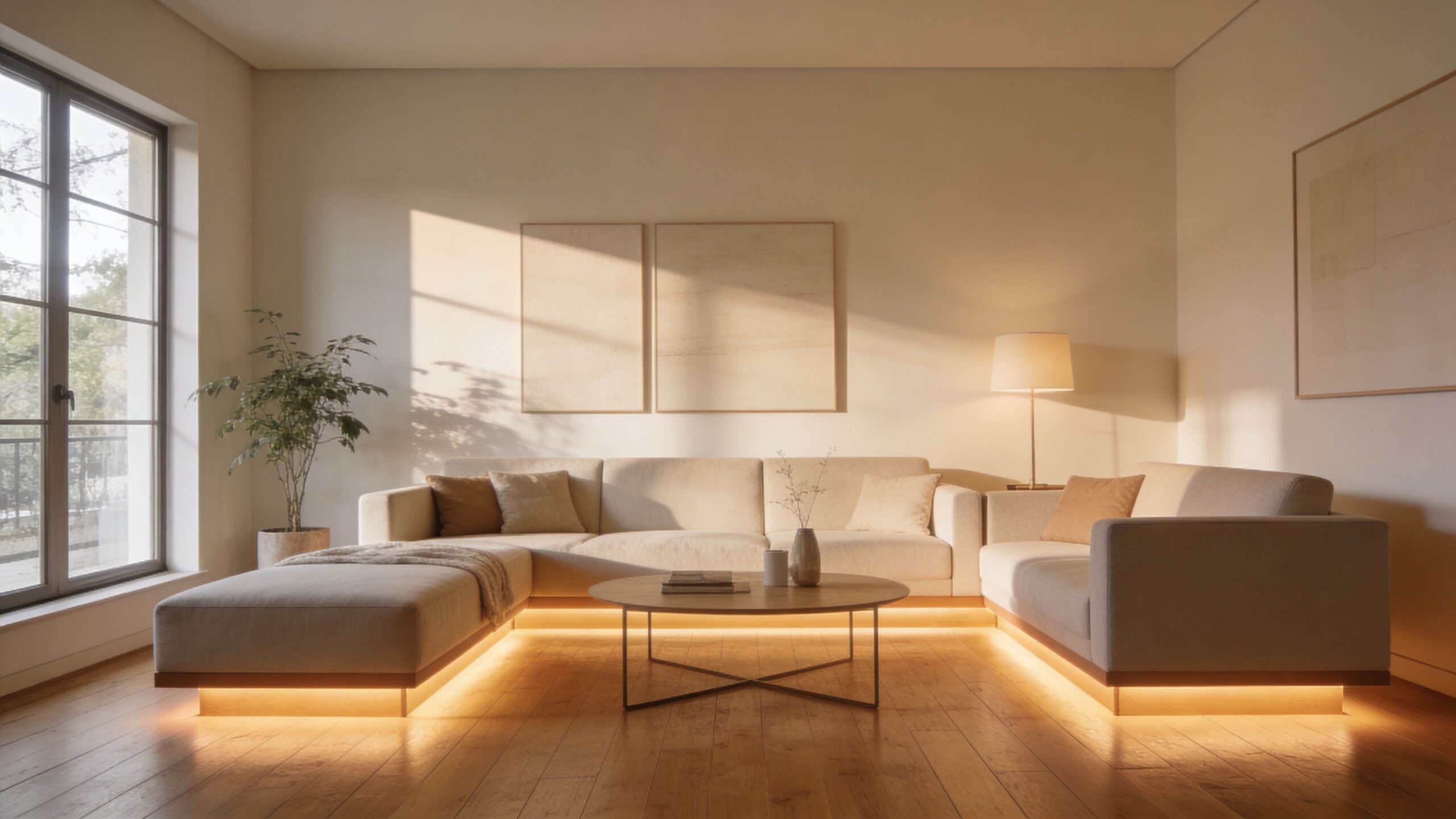 Moderne stue med lyst sofahjørne, trægulv og stemningsfuld indirekte LED-belysning under sofaen i en lys bolig.