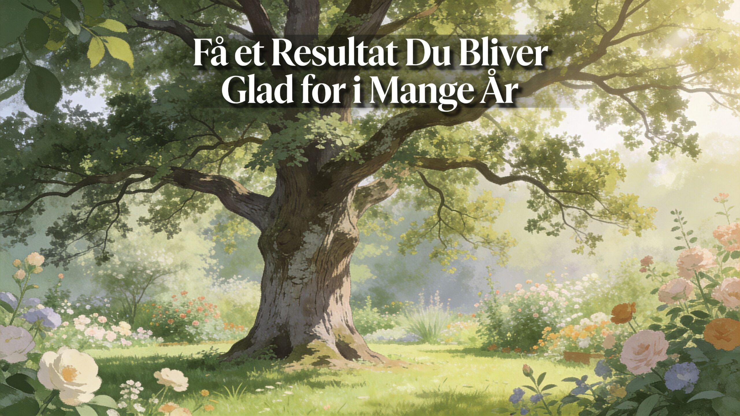 Et smukt og fredfyldt landskab med et stort egetræ omgivet af blomstrende haver i en solrig park.