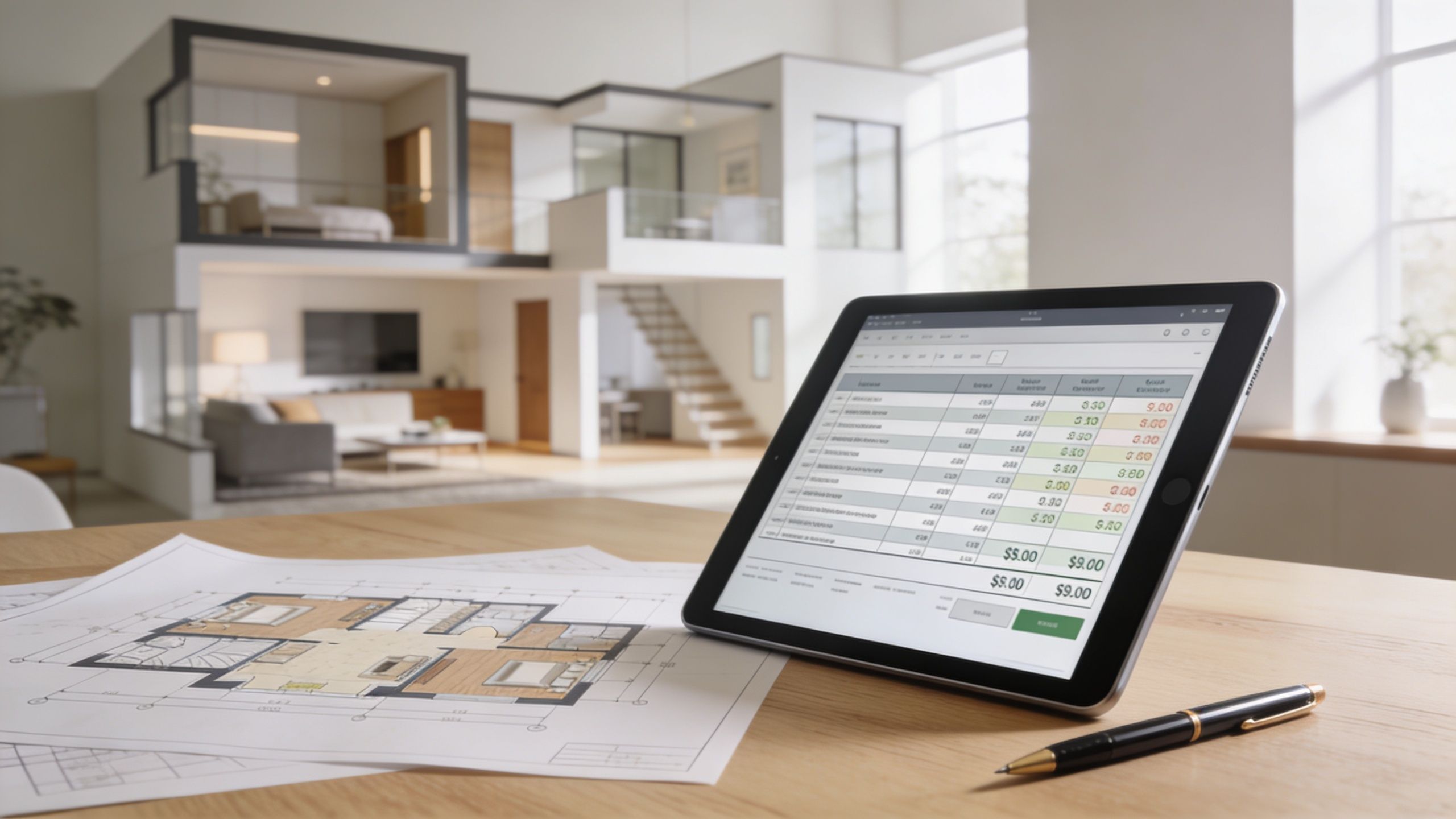 En tablet med budgetoversigt placeret på et bord foran en plantegning af en moderne lejlighed.