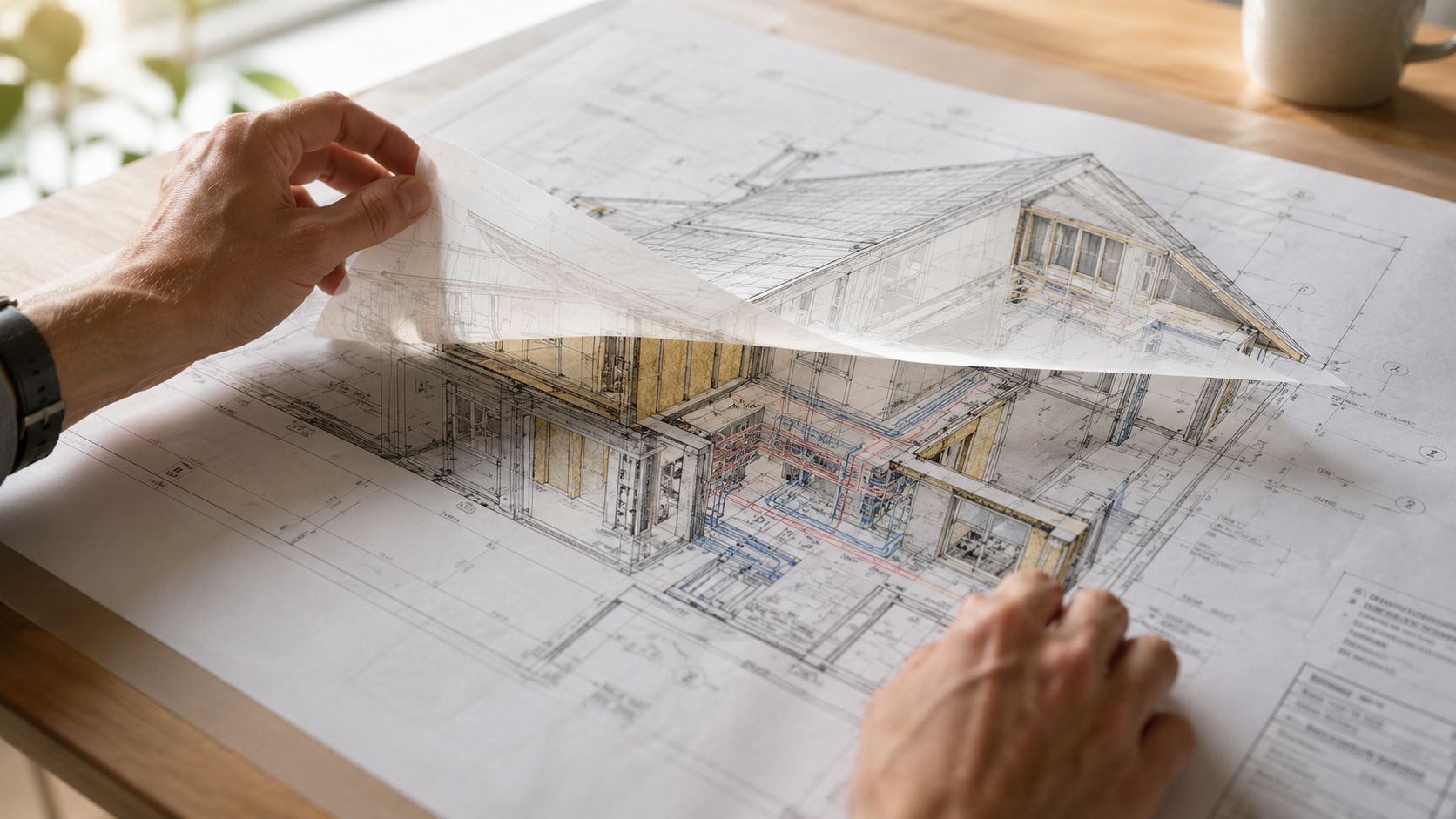 Arkitekt der gennemgår detaljerede byggetegninger af et hus med tekniske installationer på et skrivebord.
