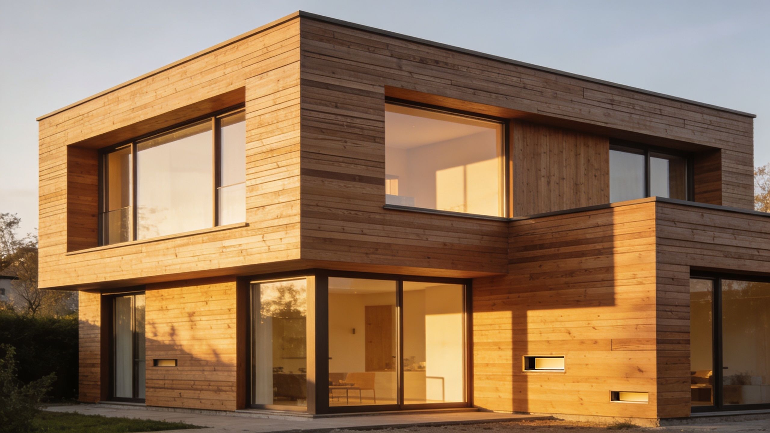 Moderne arkitekttegnet villa med flot udvendig beklædning i træ og store vinduespartier i en smuk solnedgang.