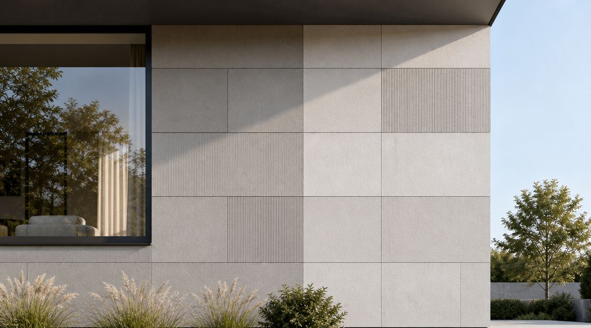 Moderne facade med elegante fliser i lyse nuancer, der skaber et stilrent og minimalistisk arkitektonisk udtryk udendørs.
