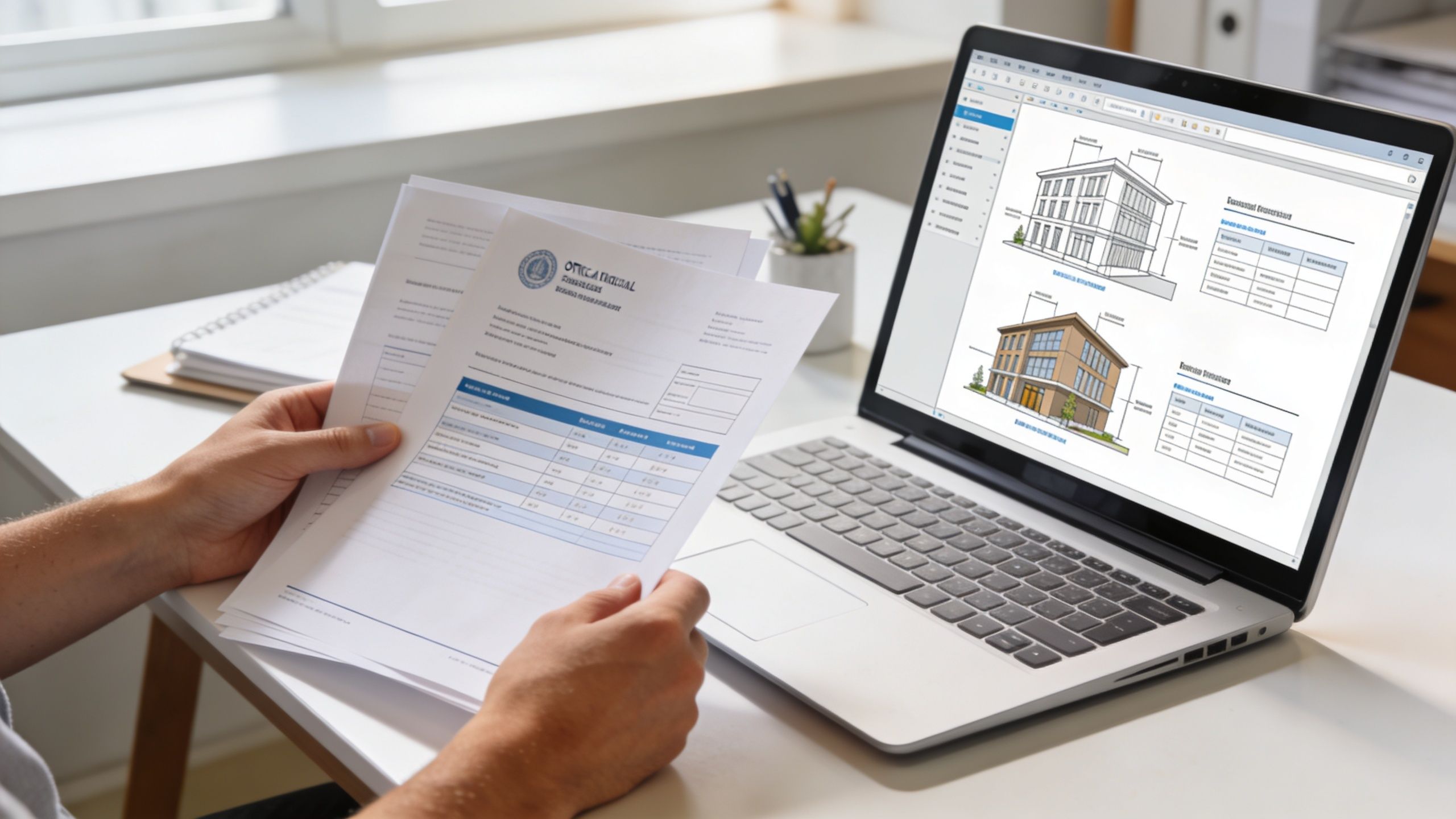 En person holder byggetegninger og sammenligner dem med en 3D-model af et hus på en bærbar computer.
