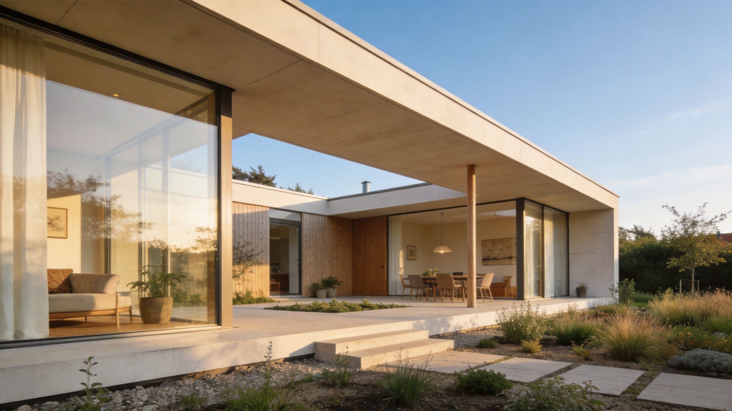 Moderne arkitekttegnet sommerhus med store glaspartier og en åben terrasse i et flot naturligt havemiljø.