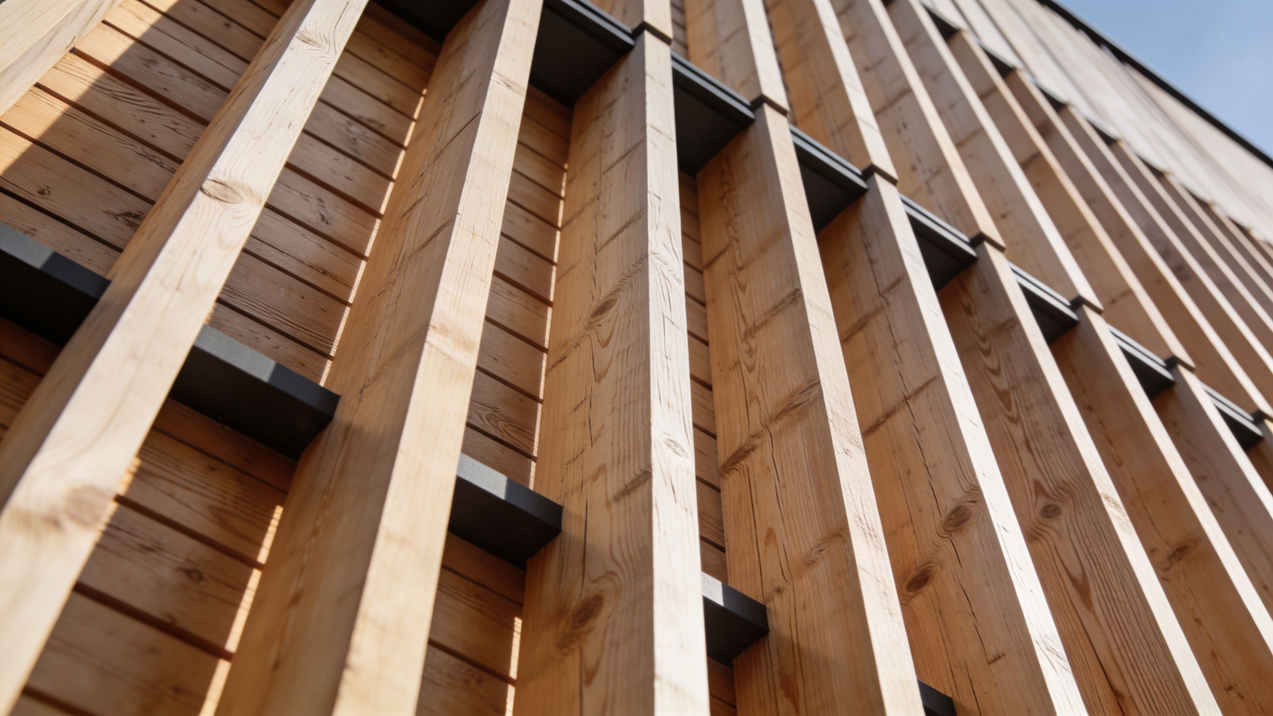 Moderne facade med lodret listebeklædning i lærketræ, der skaber et flot spil af lys og skygge.