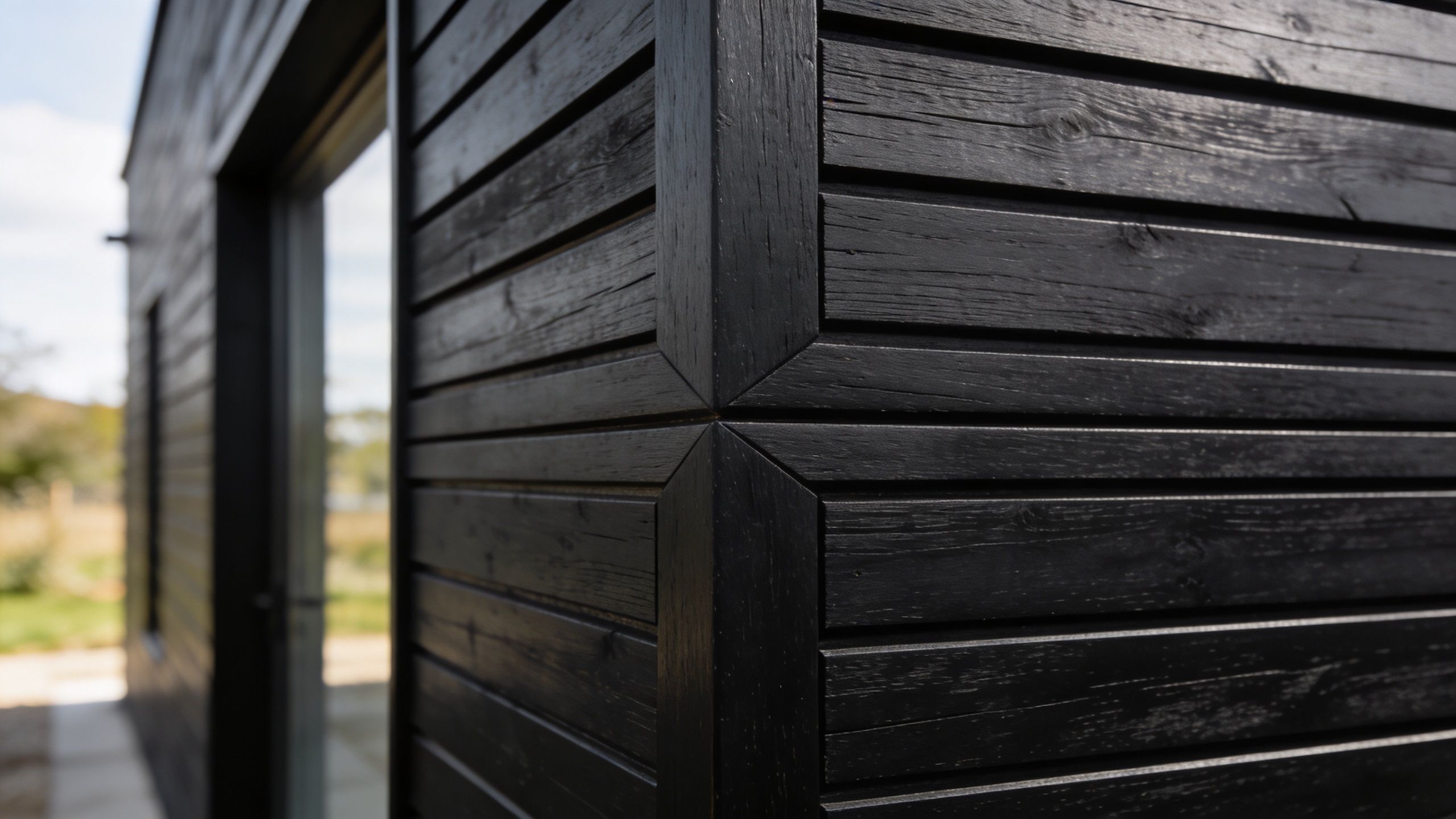 Detaljebillede af moderne sort træfacade med præcis hjørnesamling på et arkitekttegnet hus udendørs i dagslys.