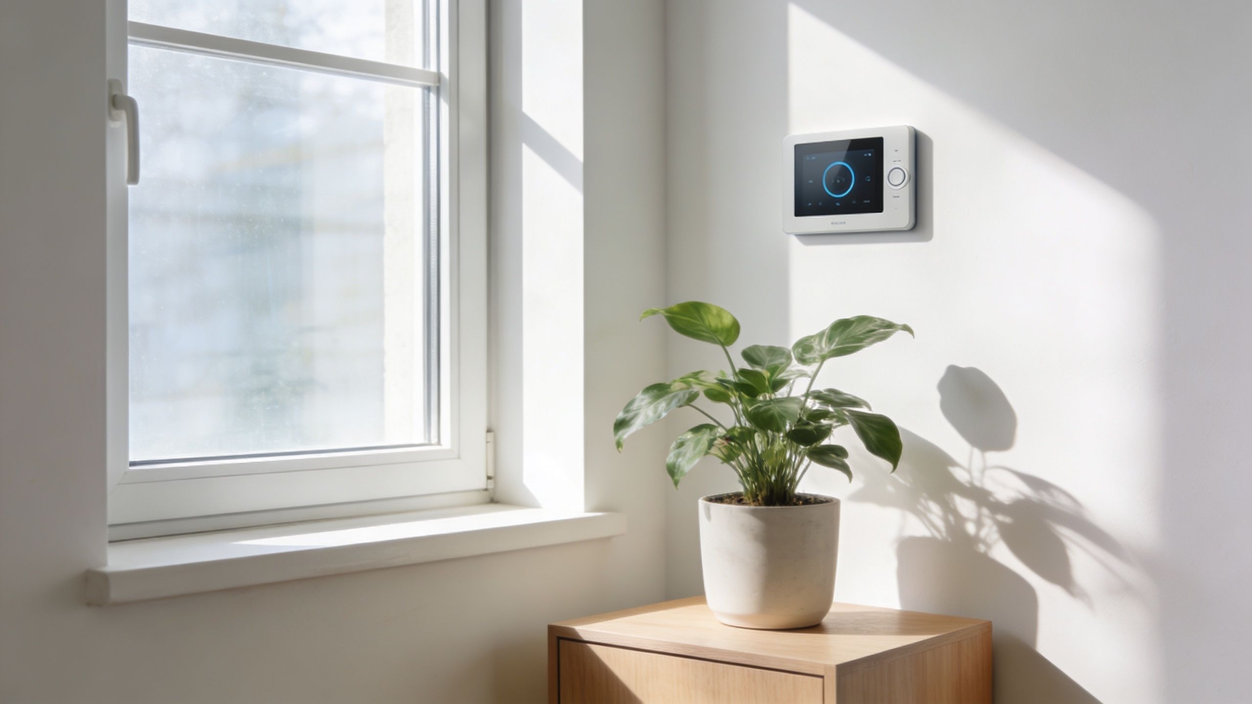 En hvid vægmonteret smart home kontrolenhed ved siden af et vindue med en grøn plante på et bord.
