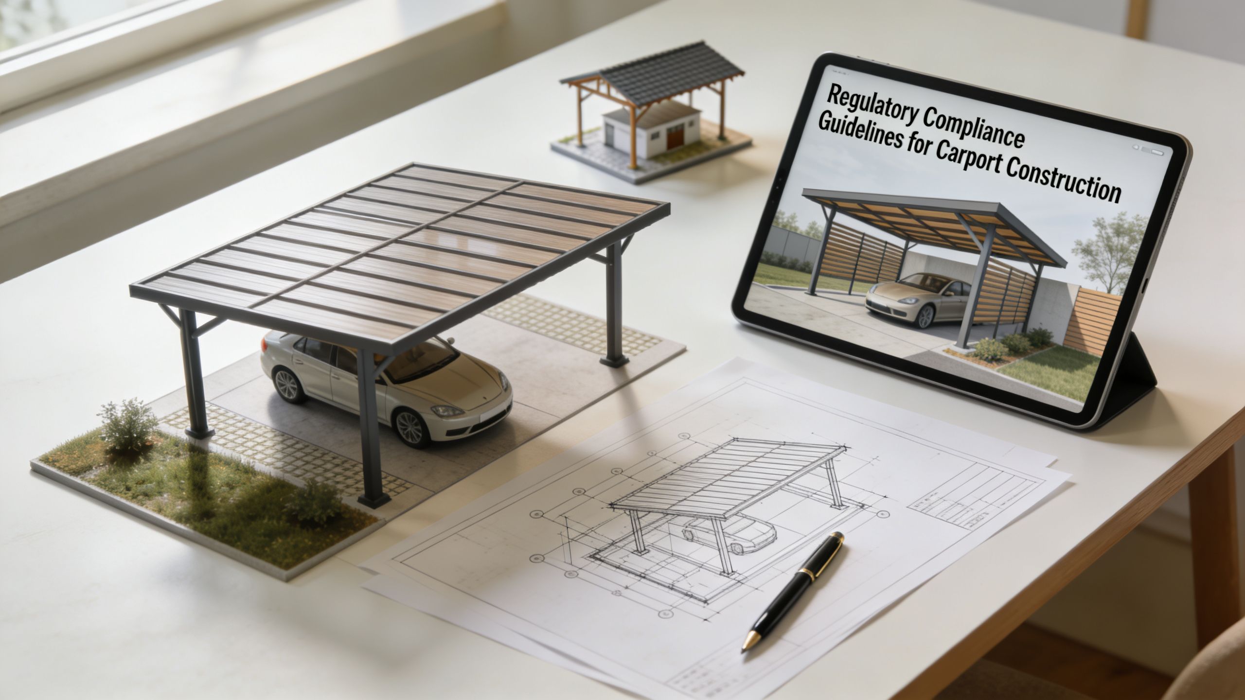 En arkitektonisk model af en carport, en tablet med retningslinjer og byggetegninger på et bord.