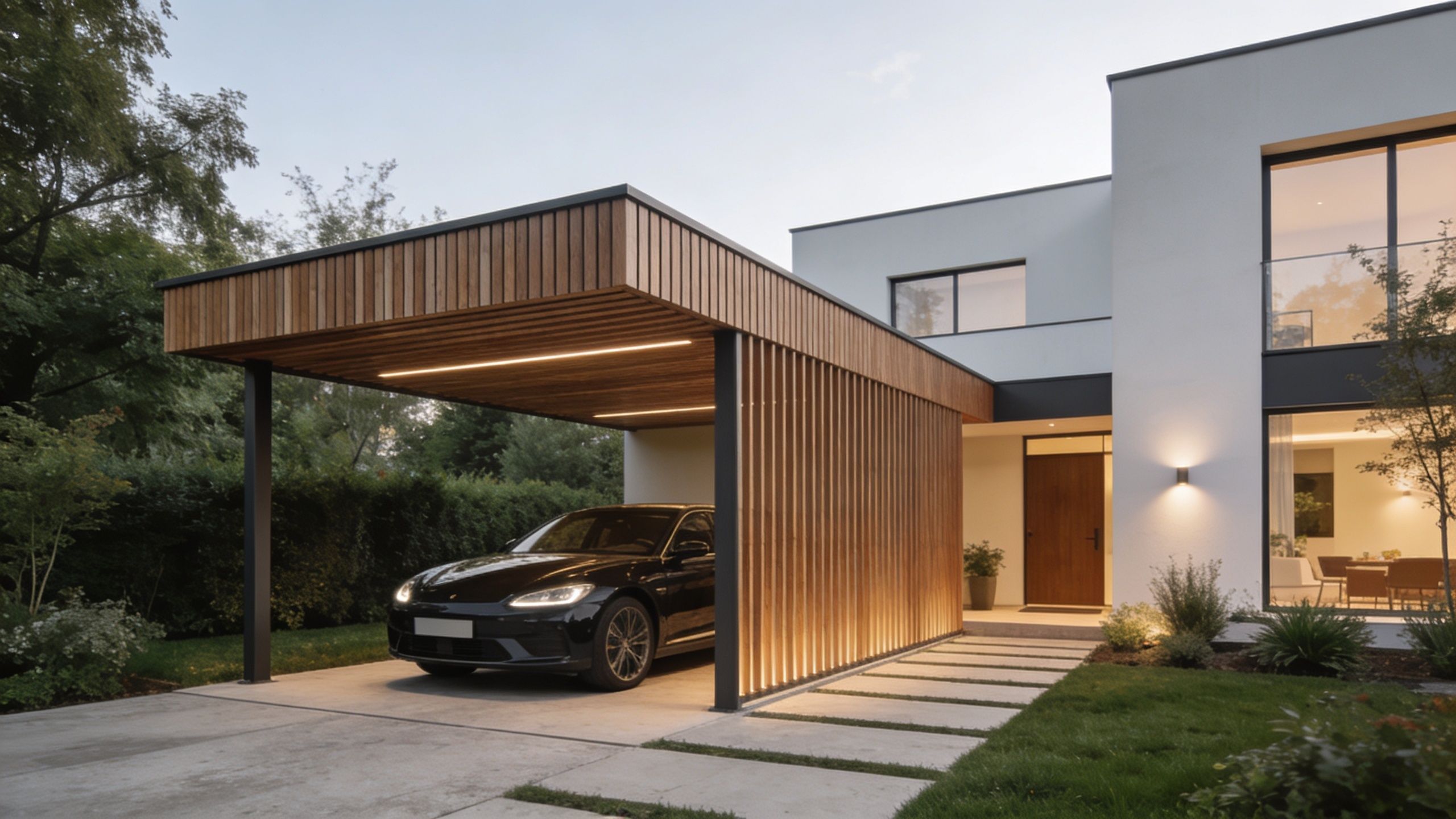Moderne villa med carport i listebeklædning og sort bil parkeret på flisebelagt indkørsel i en have.