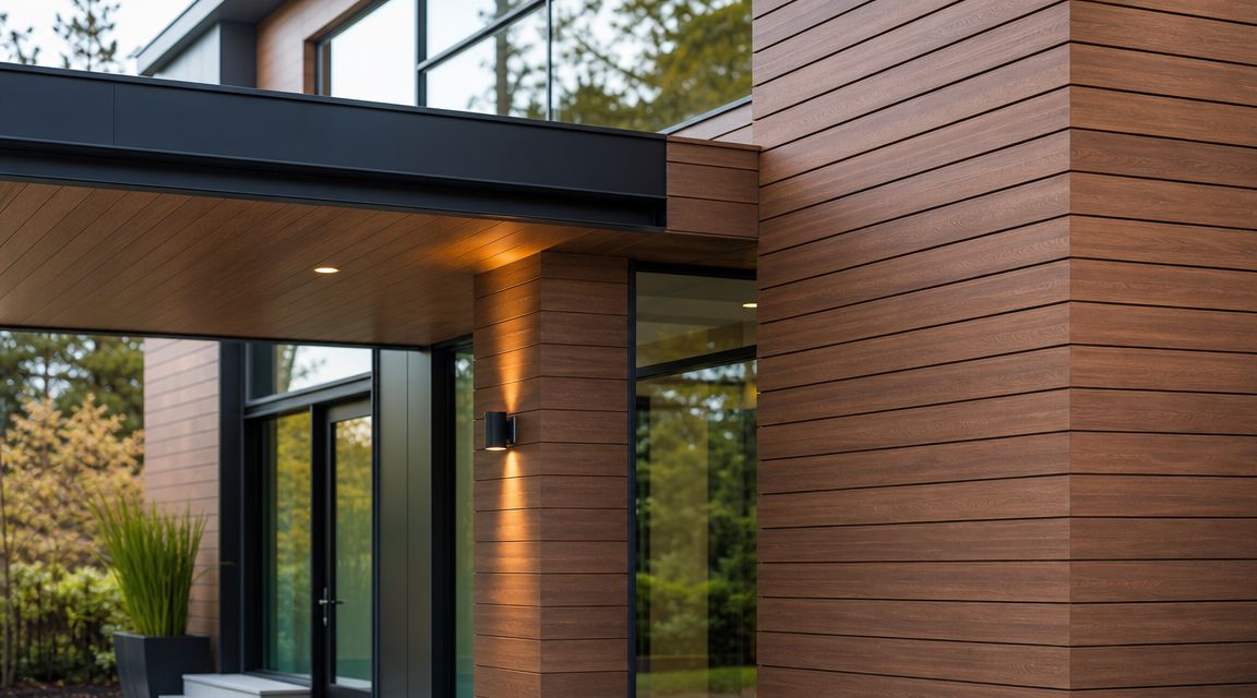 Moderne husfacade beklædt med træpaneler og sorte metaldetaljer ved en elegant indgangsparti med belysning.