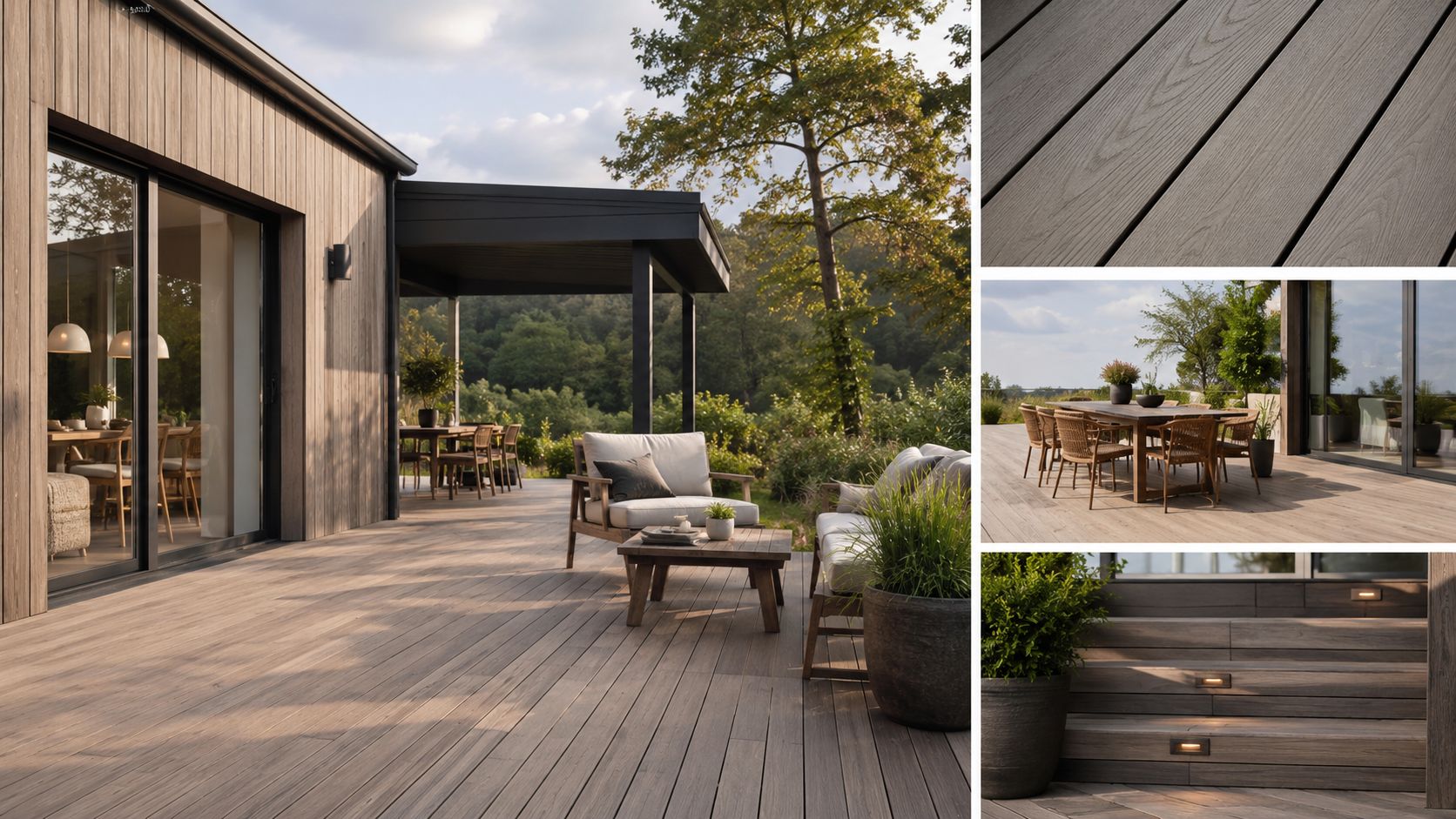 En moderne terrasse med Superwood SW06 STERN beklædning og trægulv i naturlige nuancer med loungemøbler og belysning.