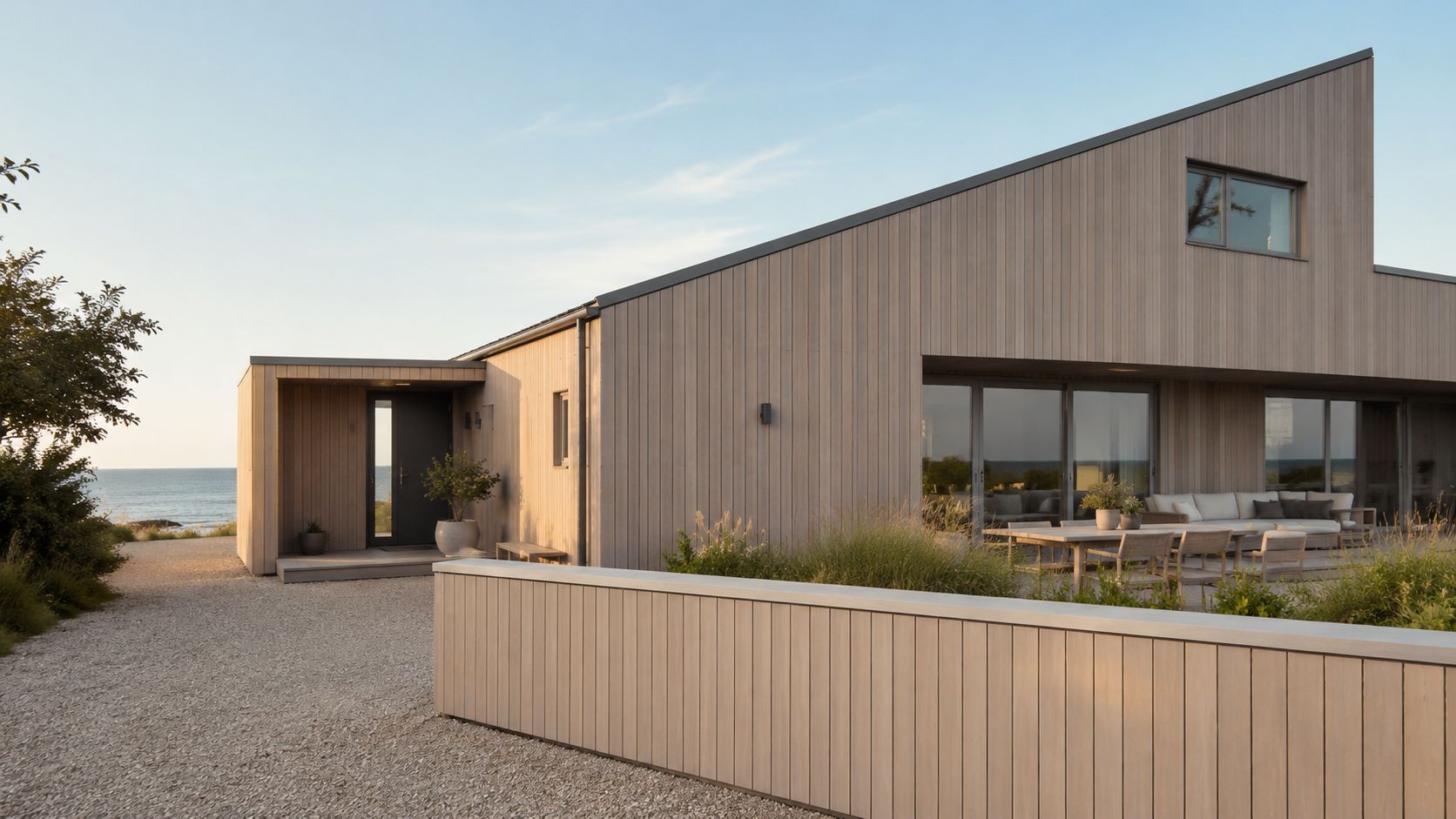 Moderne sommerhus med Superwood SW11 Skagen facadebeklædning og stor terrasse med udsigt over havet i sollys.