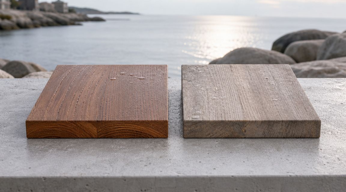 To stykker træ ved kysten, hvor det ene er ubehandlet og det andet har en beskyttende finish.