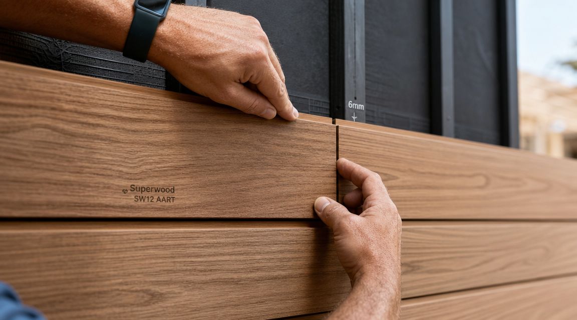 En håndværker monterer træfacadeplanker fra Superwood SW12 AART med en præcis seks millimeter afstand på væggen.
