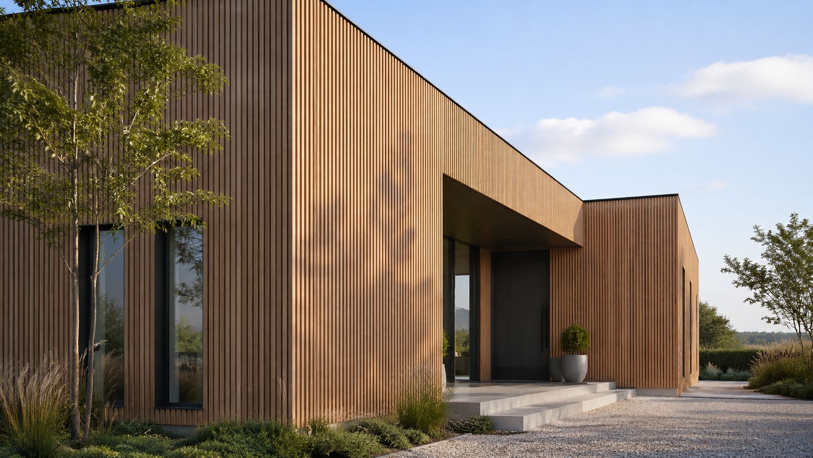 Moderne husfacade beklædt med Superwood SW12 træpaneler, der viser et stilrent design og naturlig arkitektonisk æstetik.