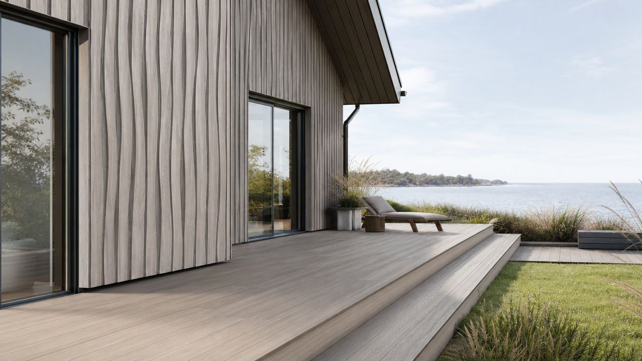 Moderne terrasse ved havet med Superwood SW13 BØLGEN beklædning på husets facade i solskinsvejr.