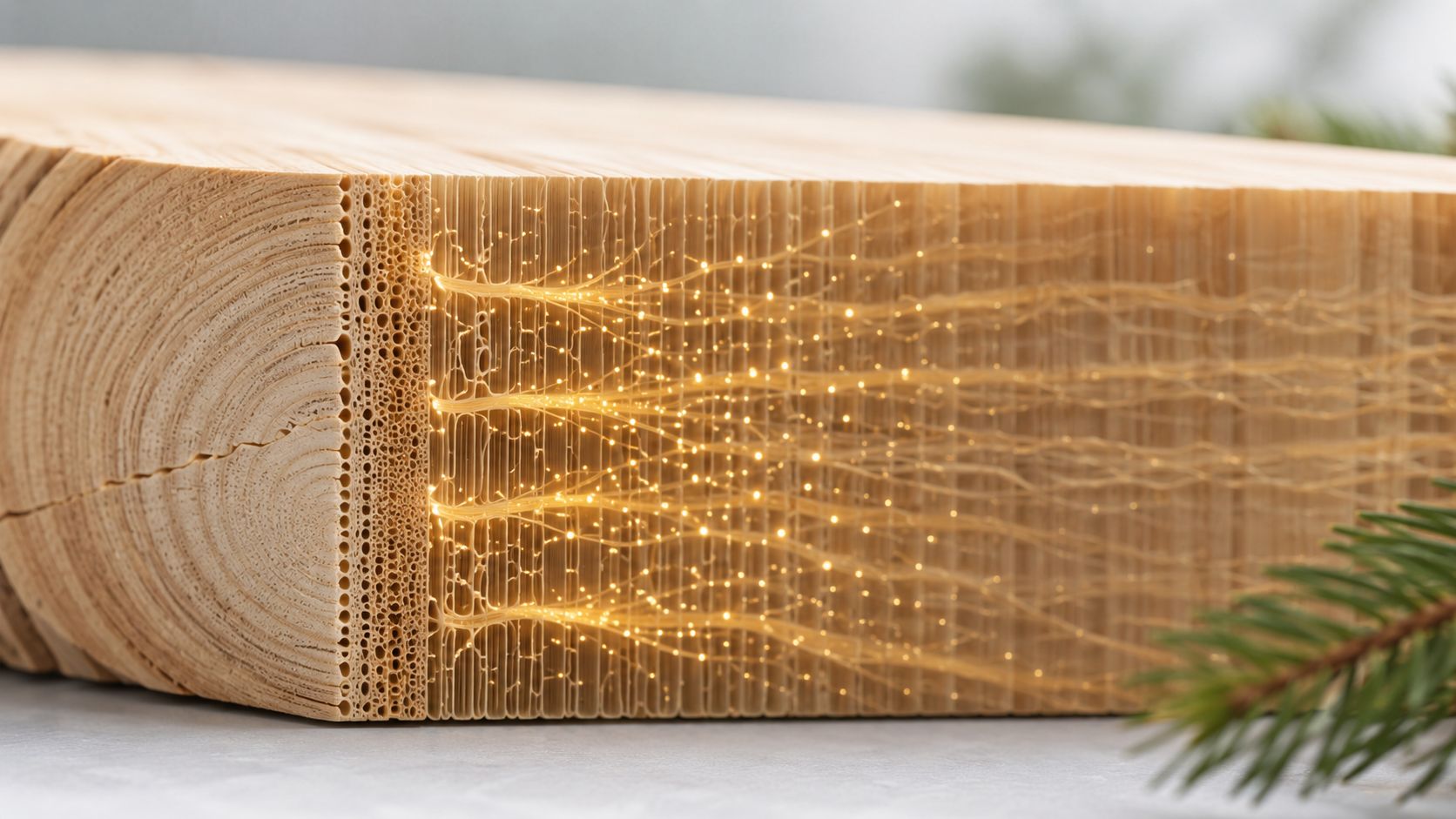 Et tæt billede af et stykke træ med glødende lysende fibre indlejret i de naturlige årestrukturer.