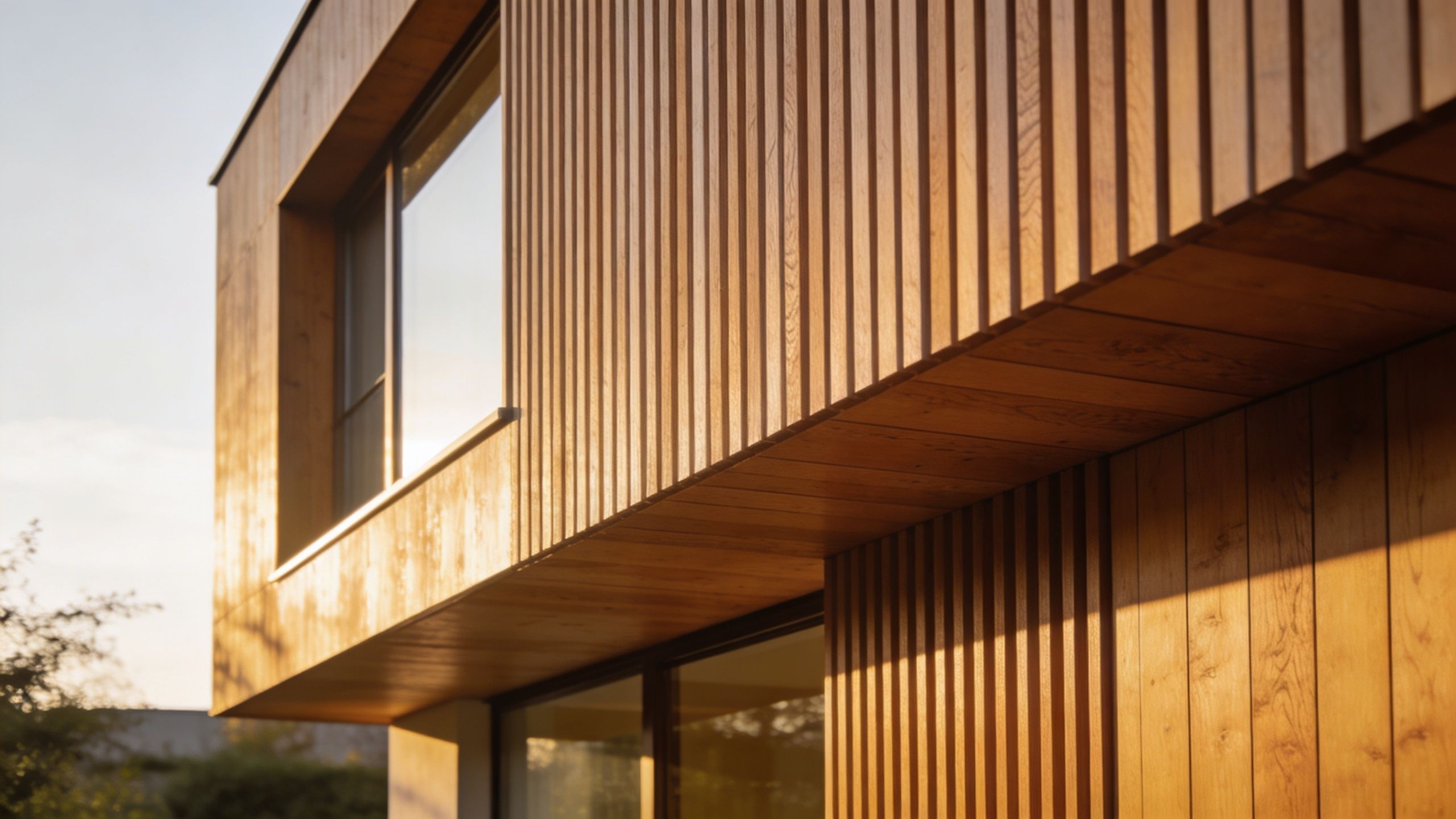 Moderne husfacade med elegant vertikal træbeklædning i naturlige nuancer under en klar og lys aftenhimmel.