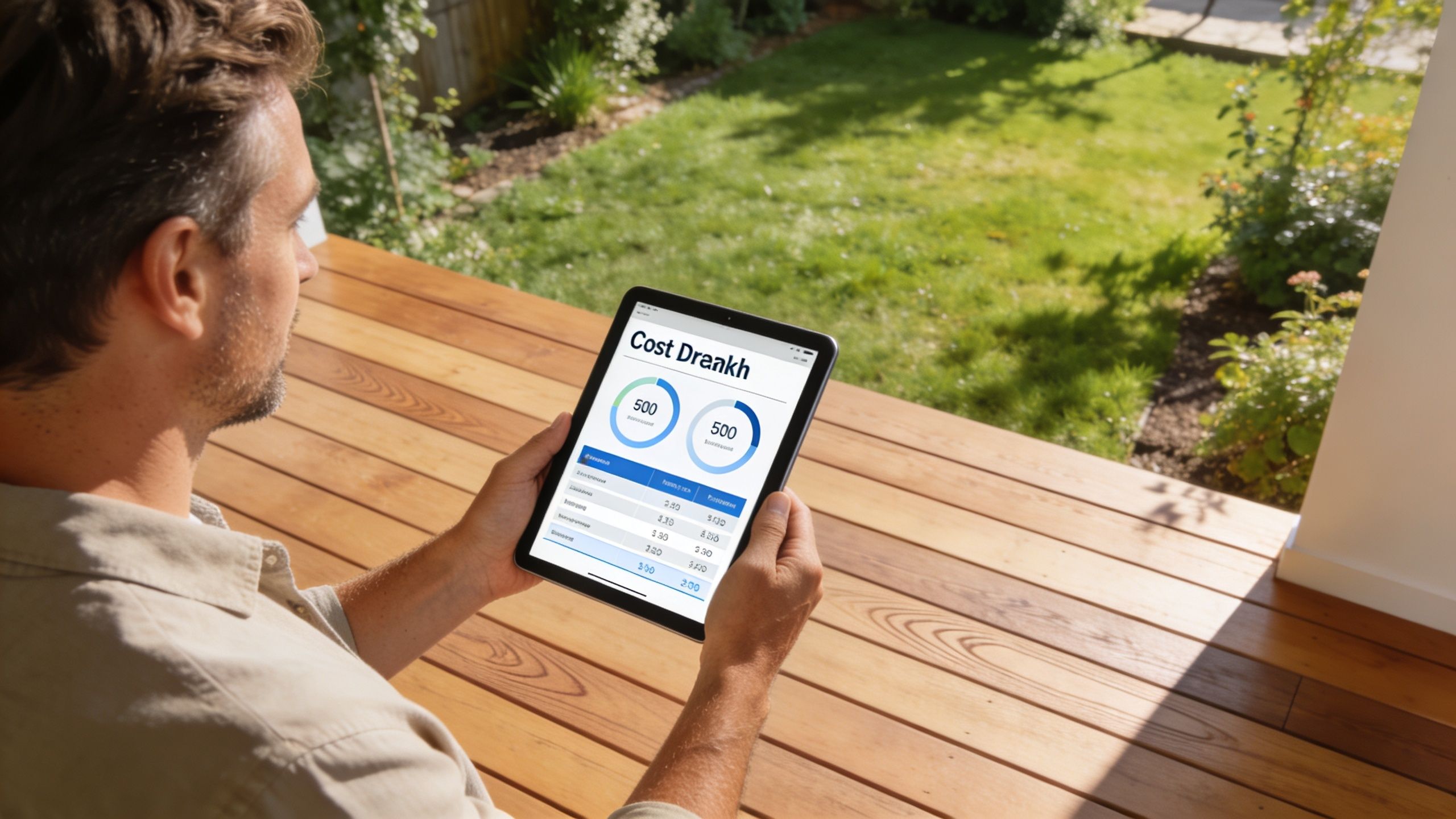 Mand sidder på sin træterrasse og kigger på omkostninger for terrassebyggeri på en tablet i solskinnet.