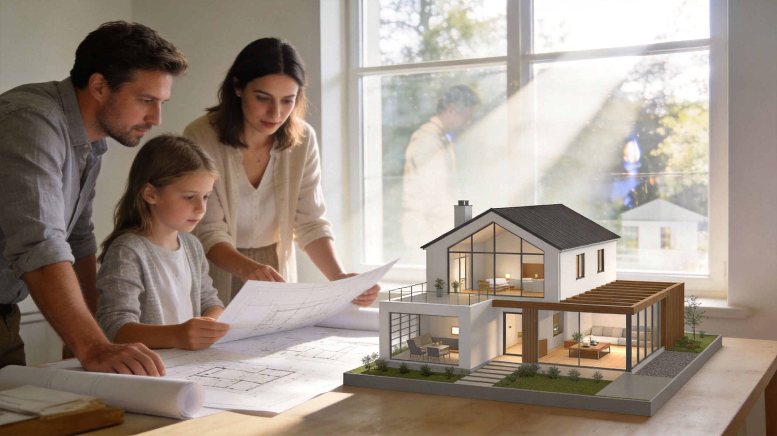 En familie på tre ser på arkitekttegninger og en model af et moderne hus ved et bord.